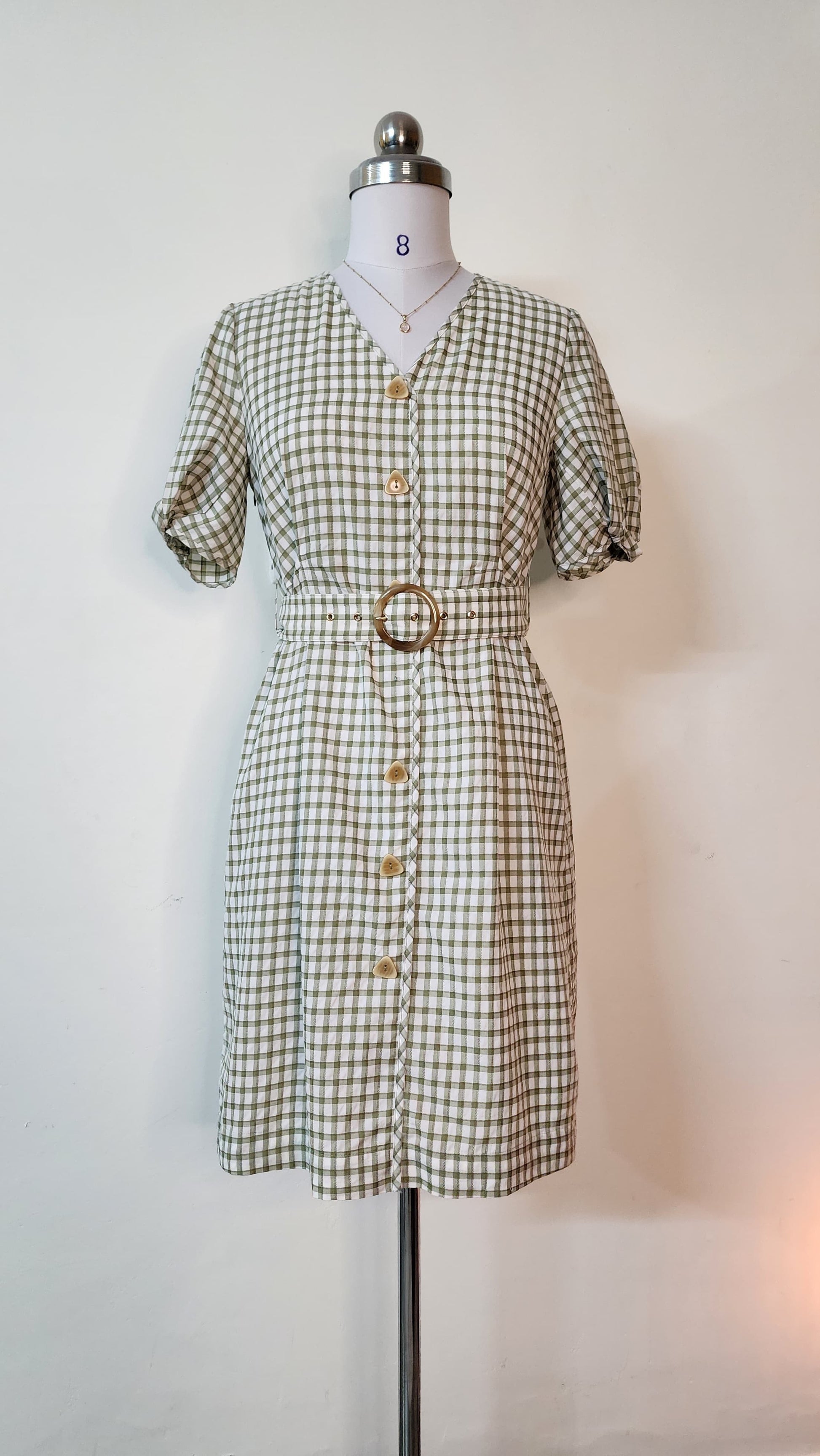 Sage Green Gingham Button-Front Midi Dress