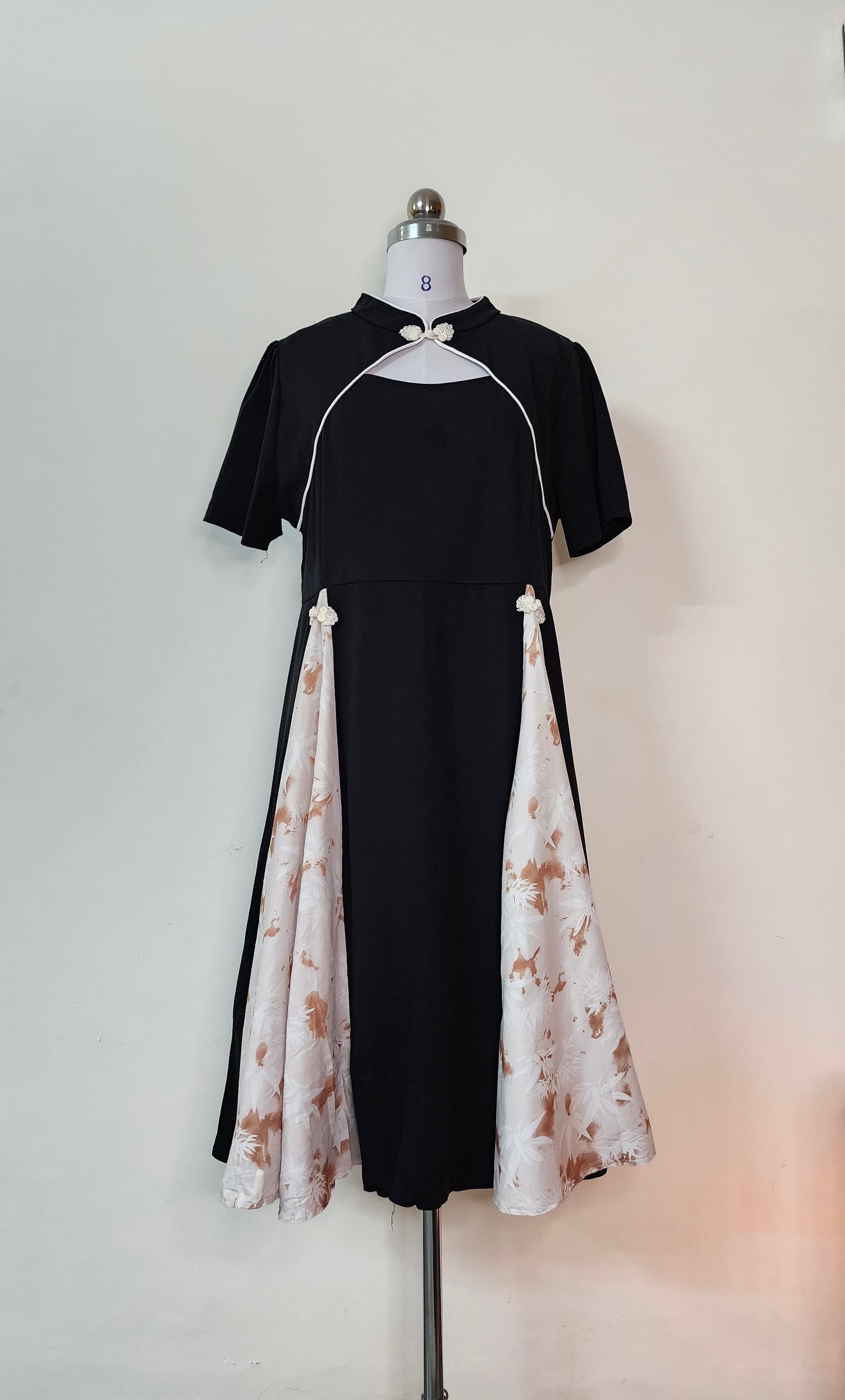 Black Midi Dress with Floral Side Panels and Mandarin Collar