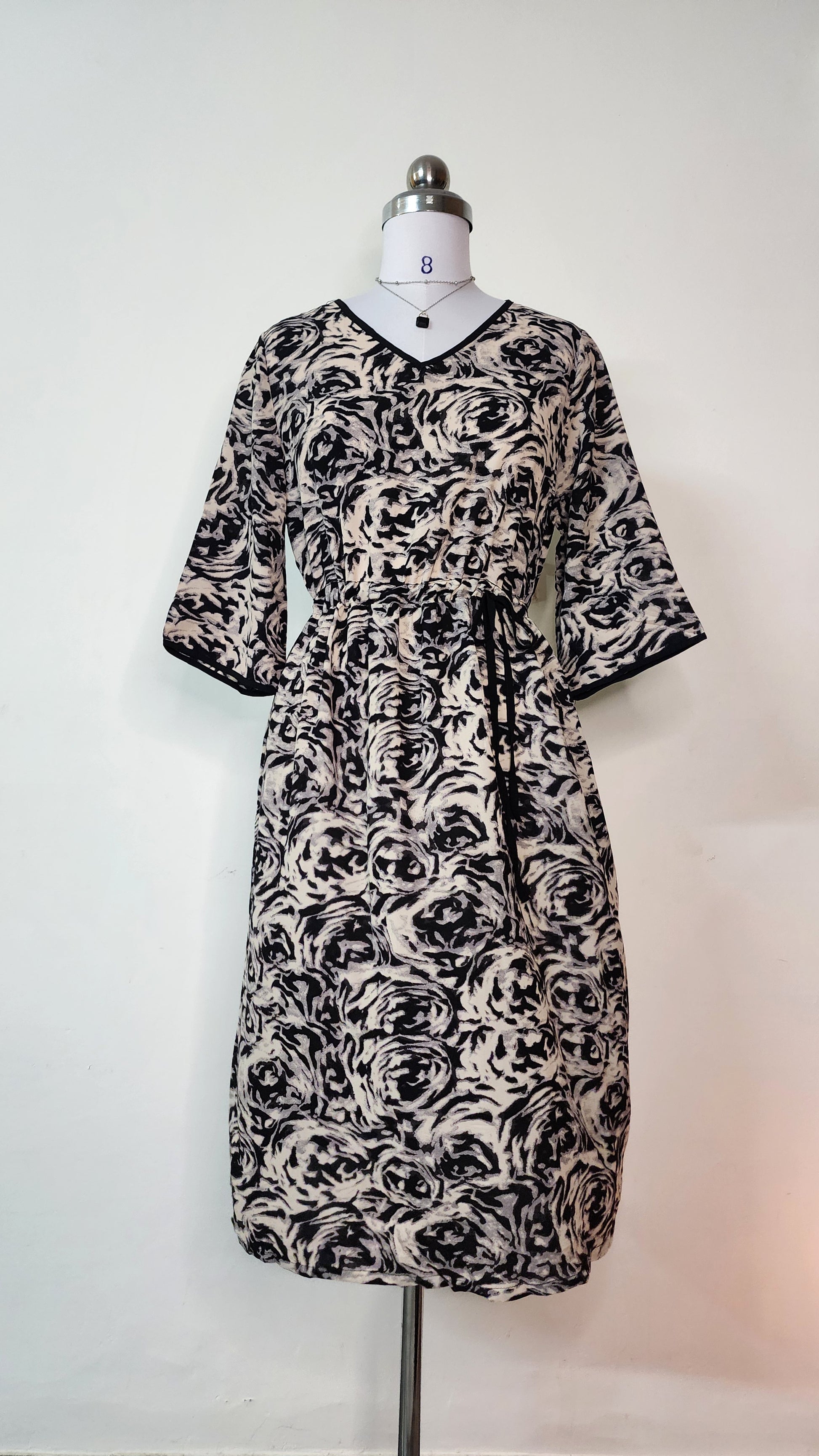 Abstract Floral V-Neck Midi Dress - 3/4 Sleeve with Tie Waist