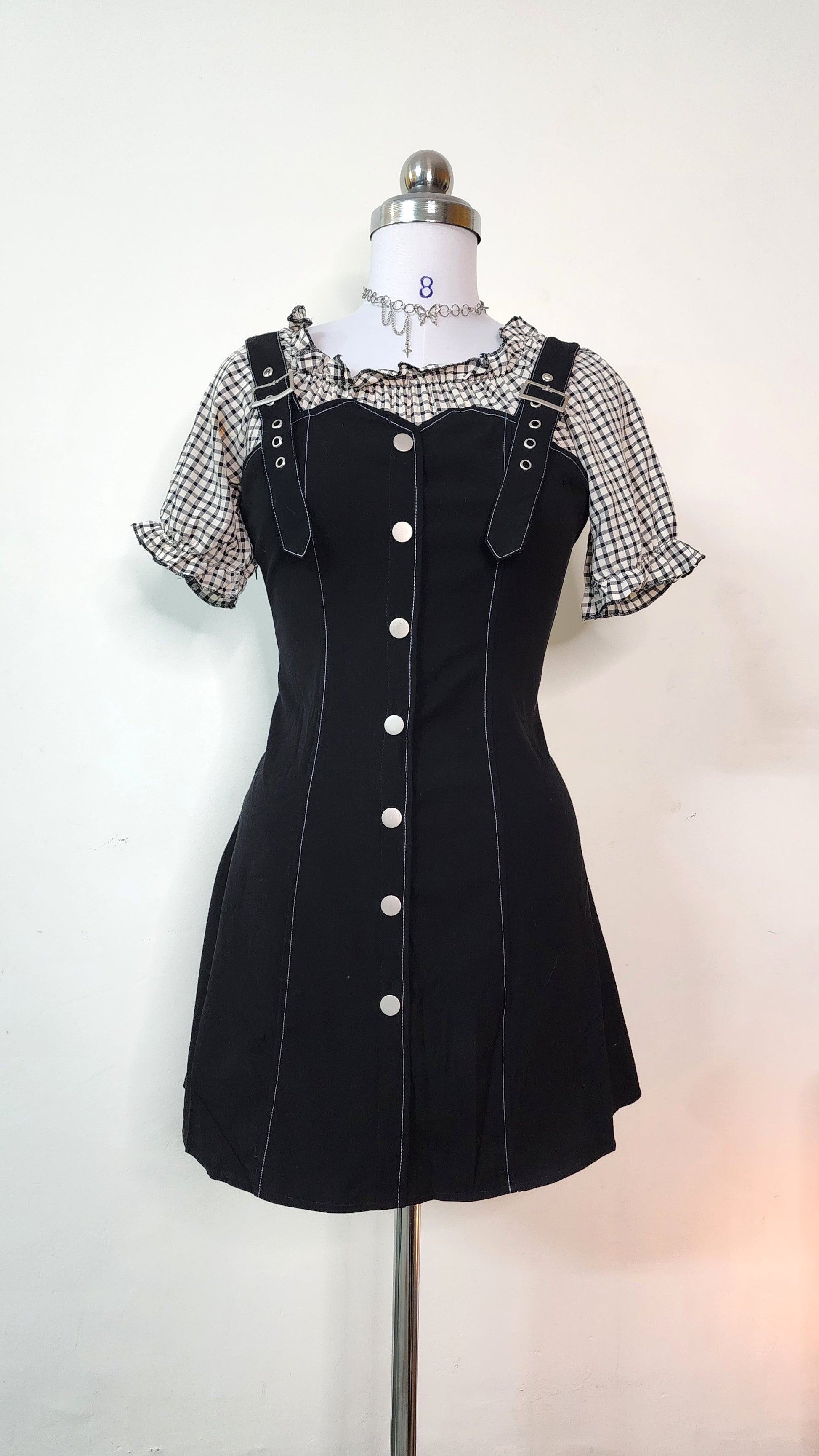 Black Suspender Mini Dress with Gingham Ruffle Top Set