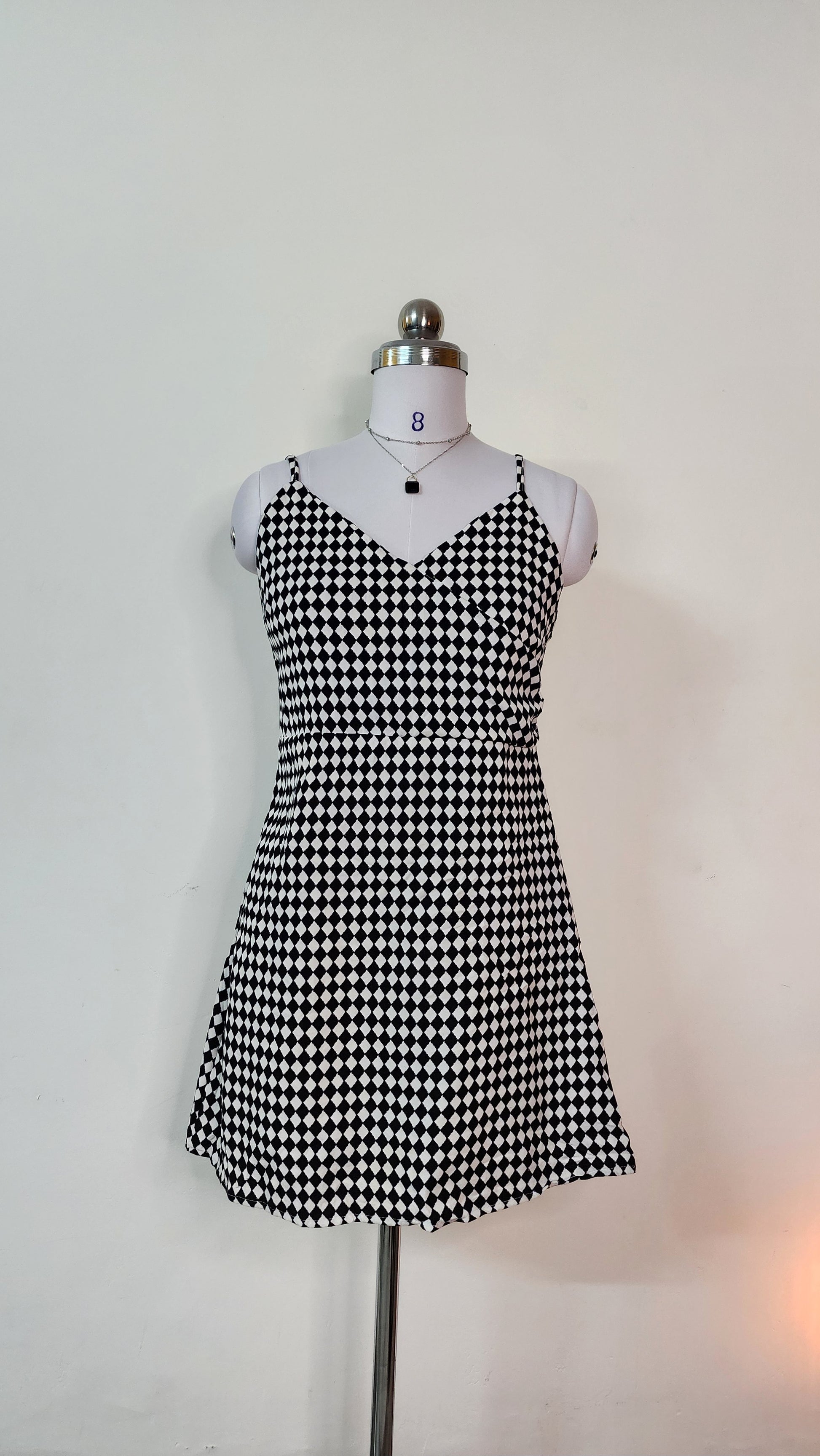 Black and White Diamond Print Mini Dress - V-Neck Spaghetti Strap Dress