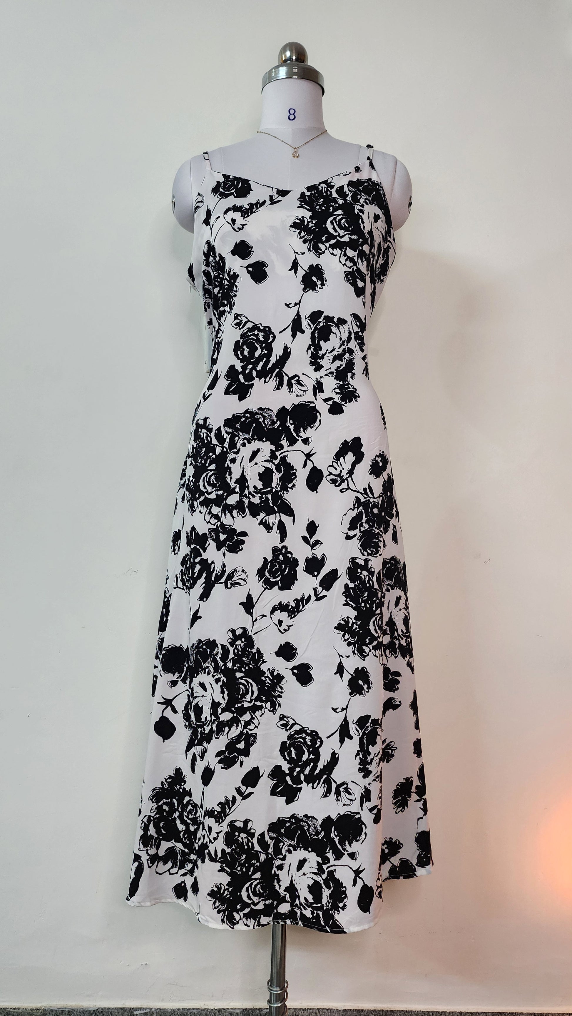 Black and White Floral Midi Dress - Spaghetti Strap Summer Dress