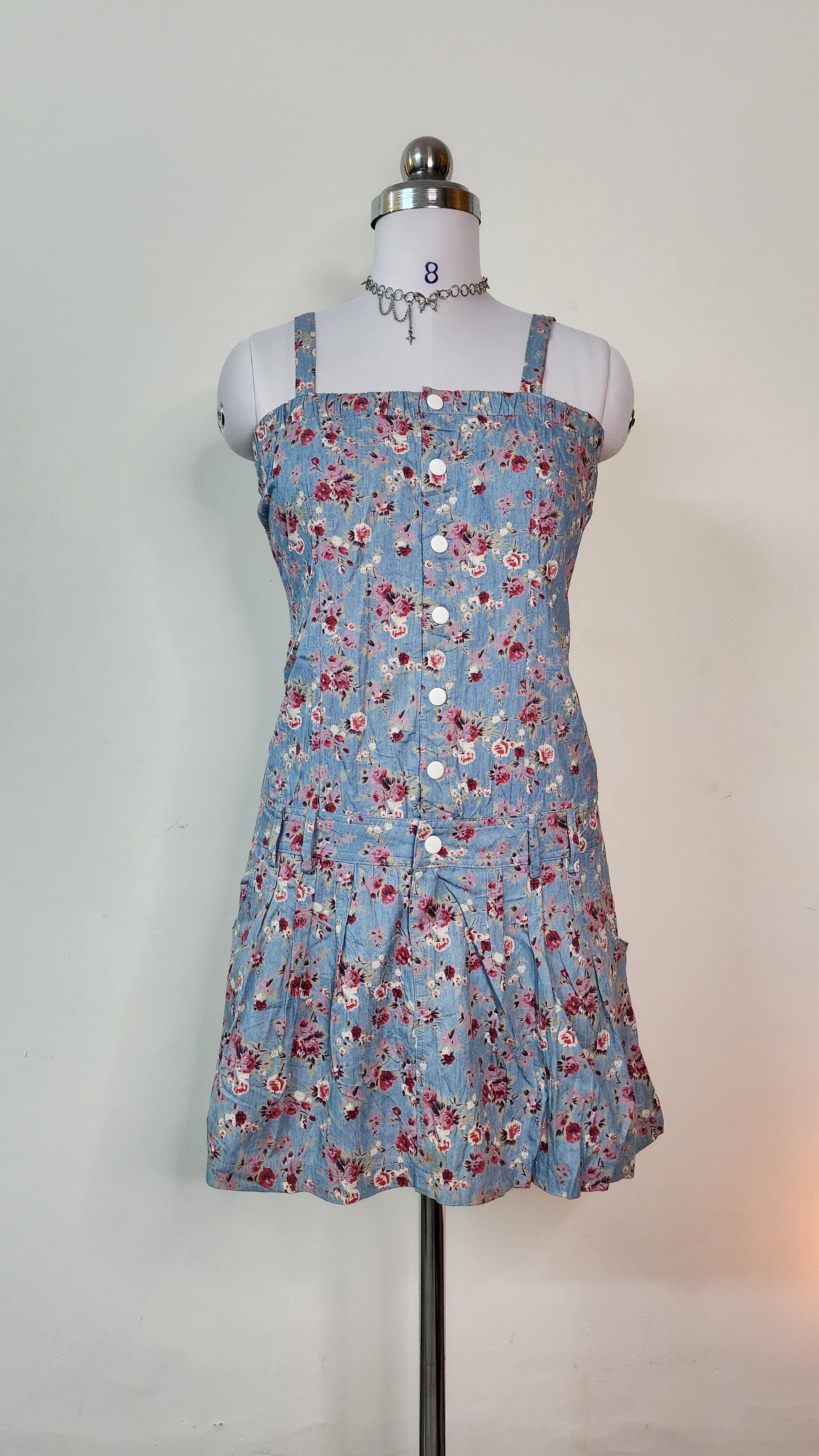 Blue Floral Summer Mini Dress - Button Front Strap Dress