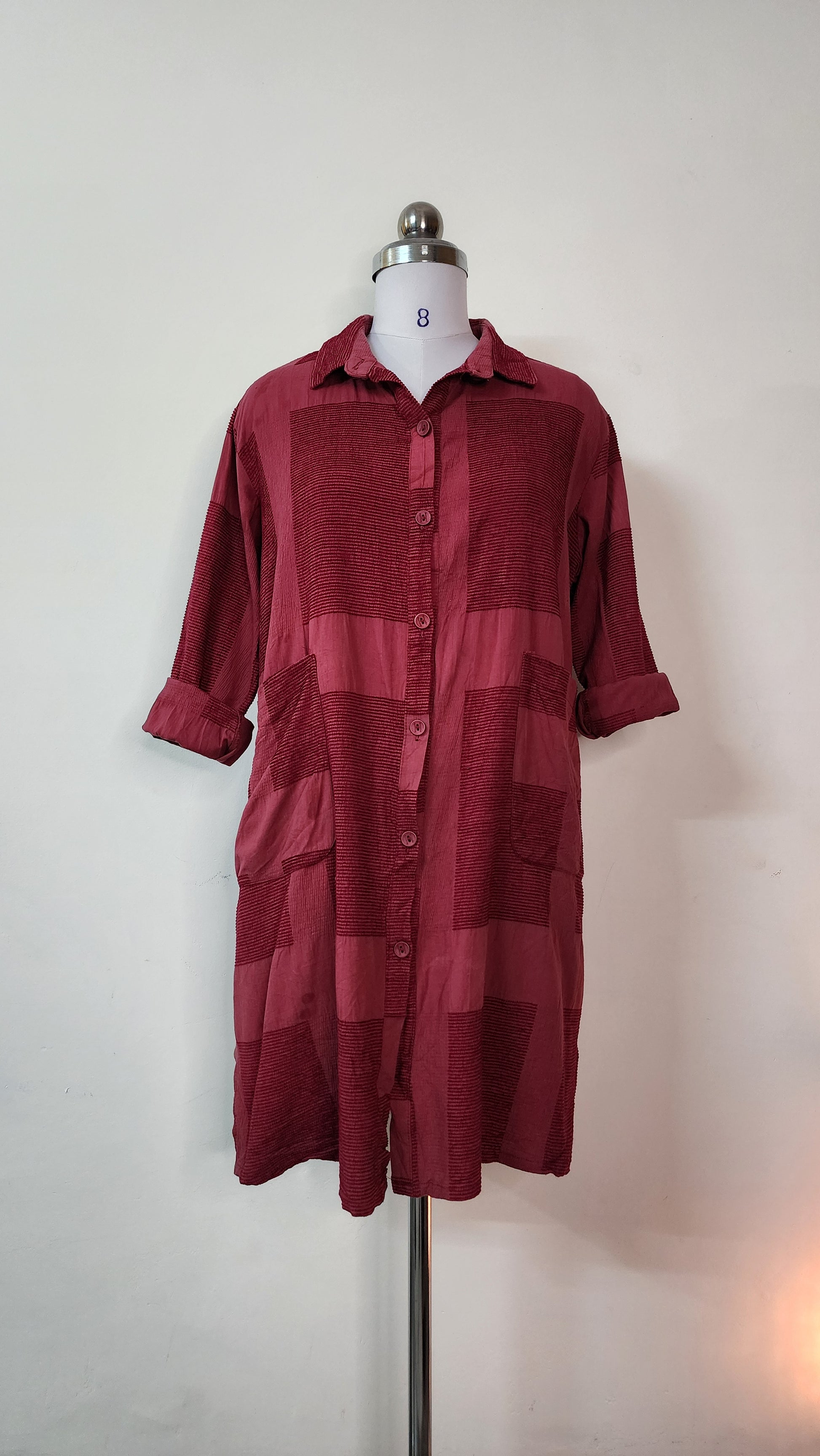Burgundy Textured Patchwork Mini Shirt Dress