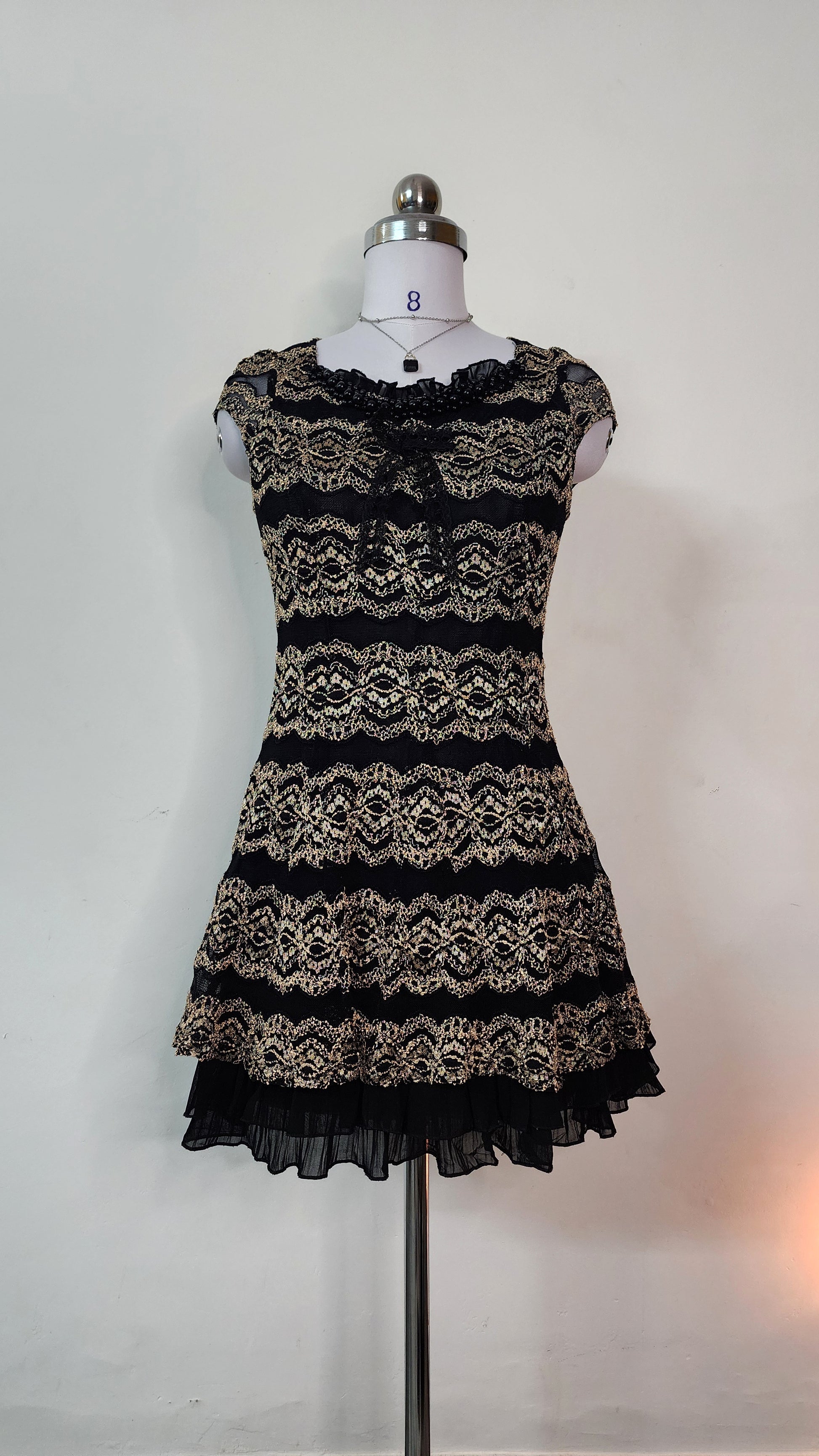Elegant Black and Gold Lace Mini Dress - Cap Sleeve Party Dress