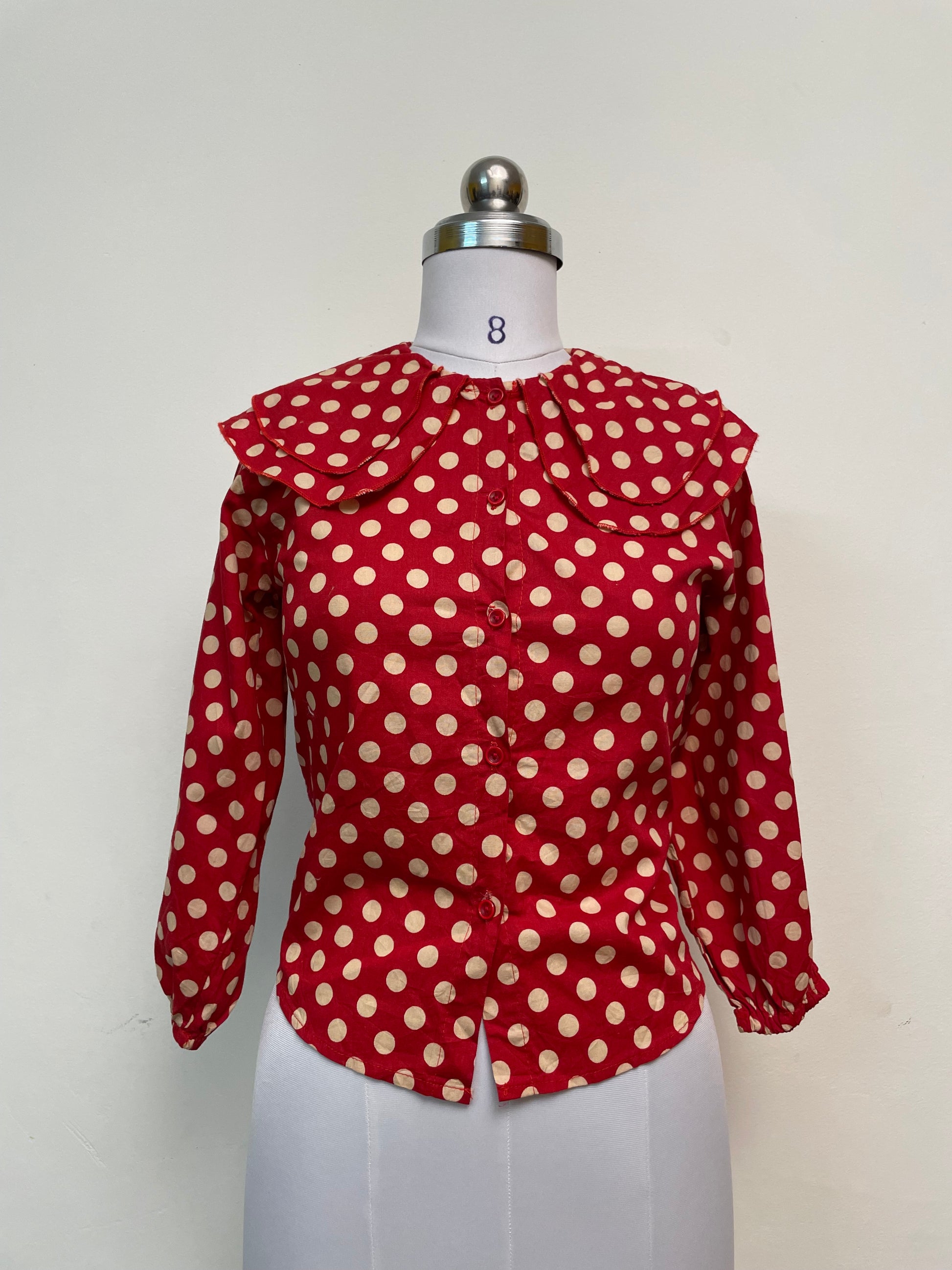 Red Polka Dot Blouse - Long Sleeve Button-Up Top with Ruffled Collar