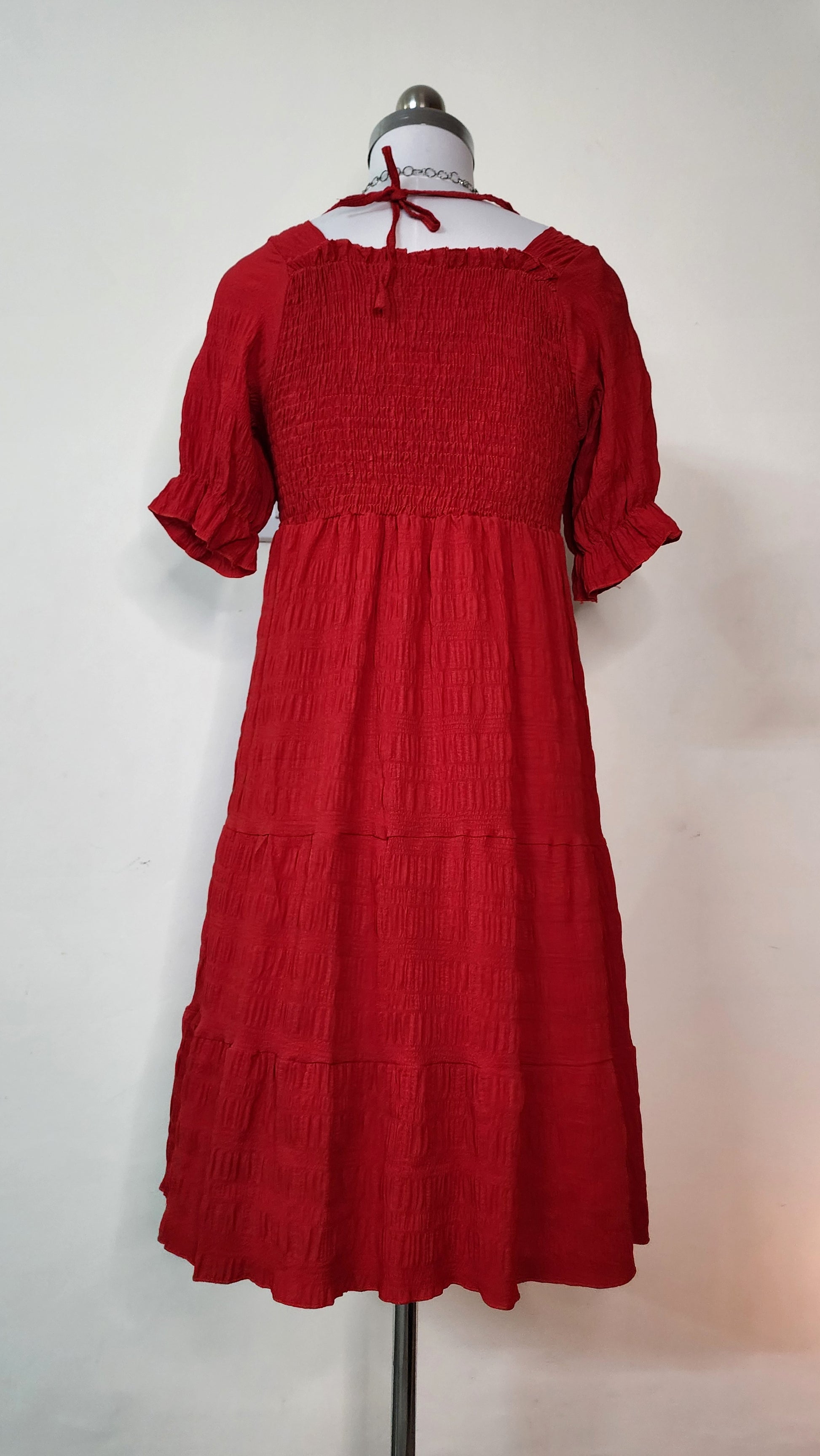 Red Smocked Square Neck Midi Dress - Short Puff Sleeve Tiered Dress