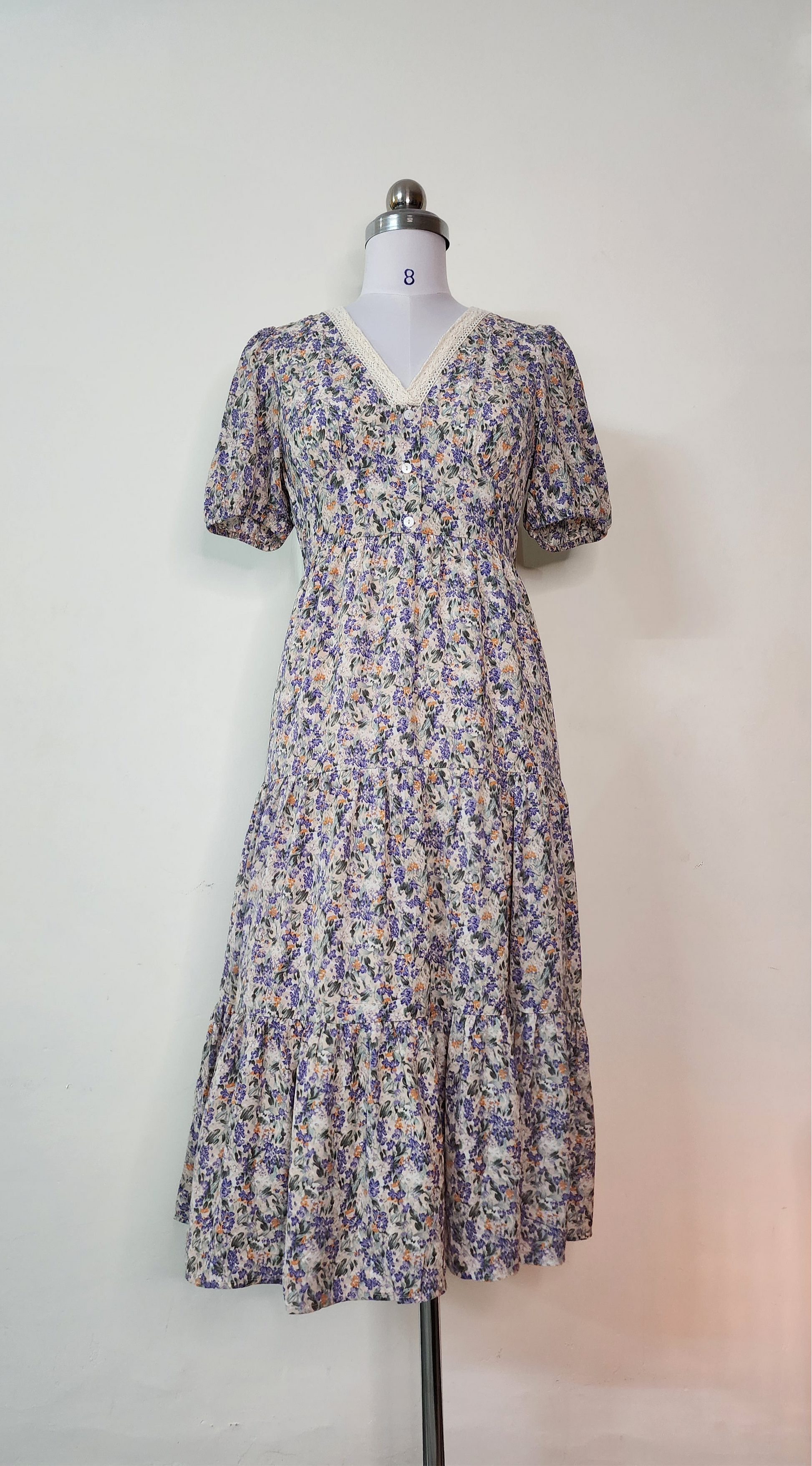 Summer Floral Midi Dress - V-Neck Short Sleeve Tiered Dress