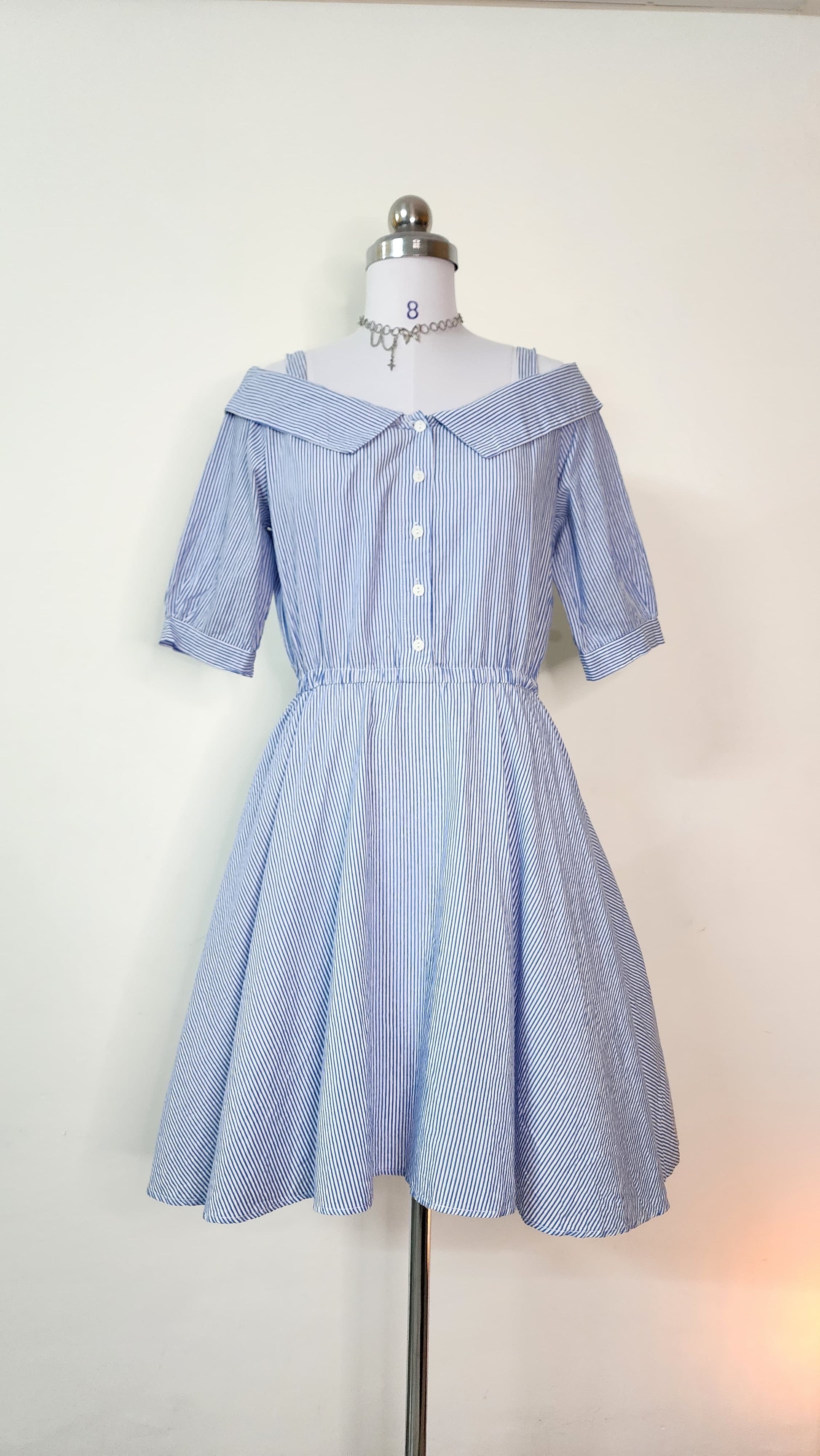 Blue Striped Off-Shoulder Shirt Dress