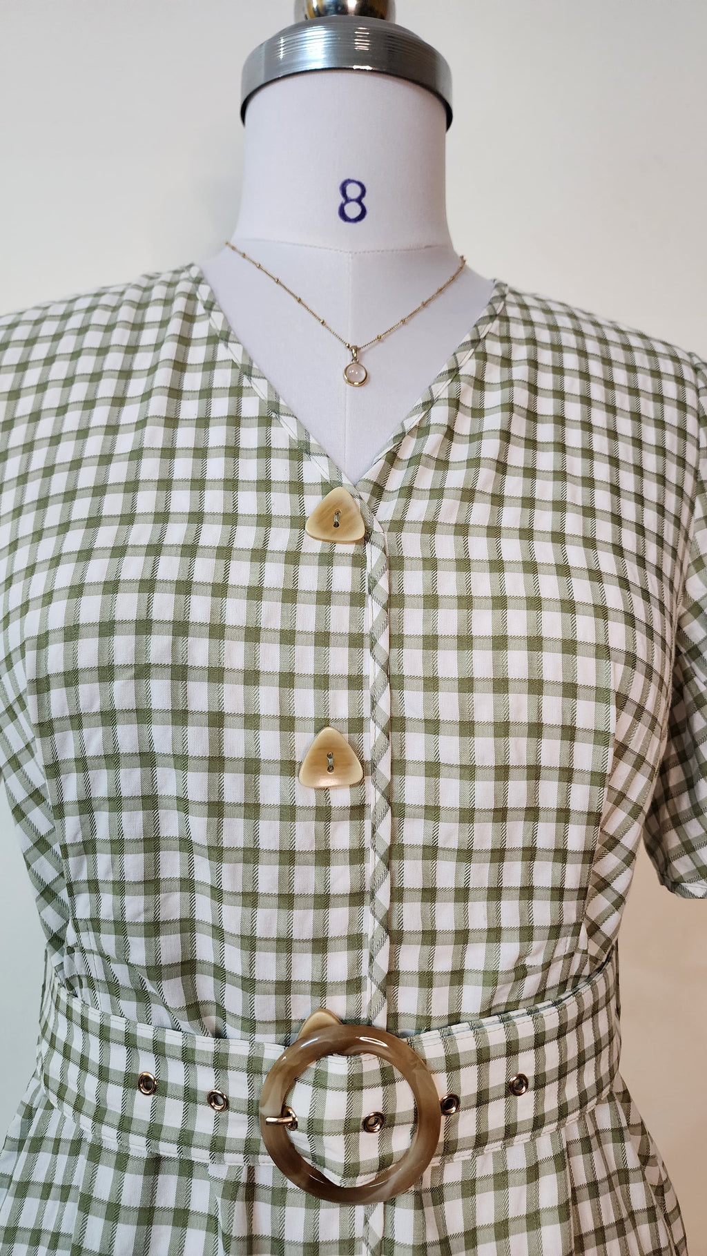 Sage Green Gingham Button-Front Midi Dress