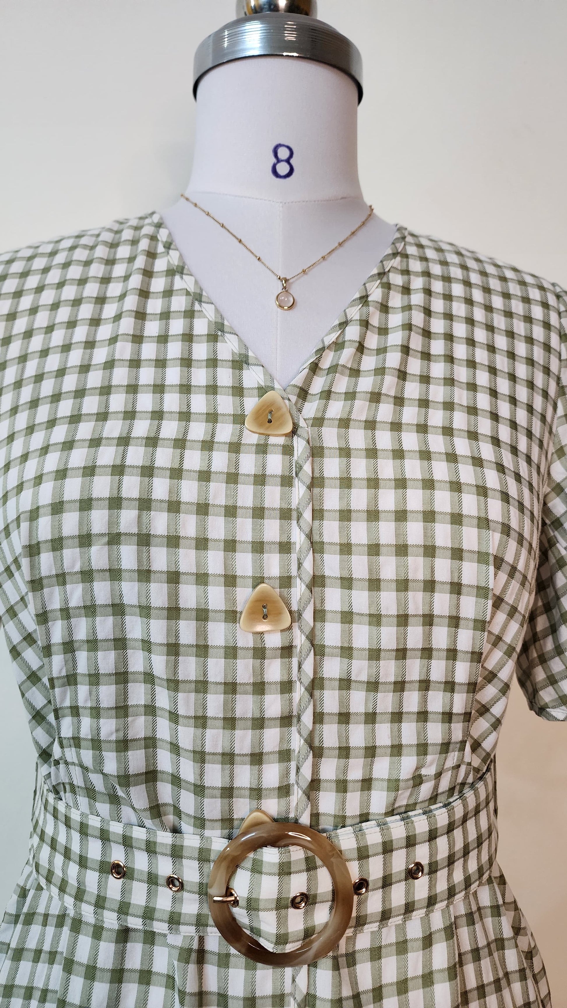 Sage Green Gingham Button-Front Midi Dress