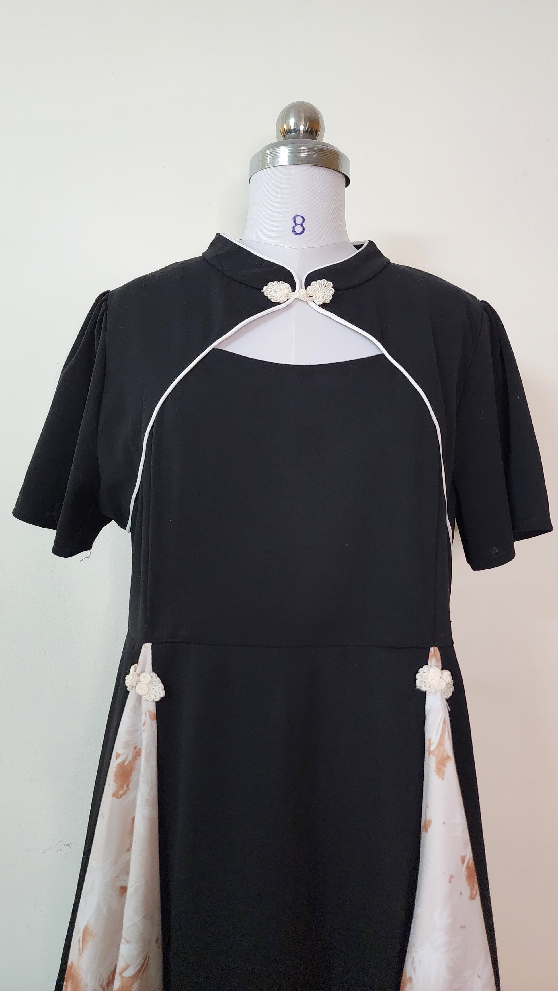 Black Midi Dress with Floral Side Panels and Mandarin Collar