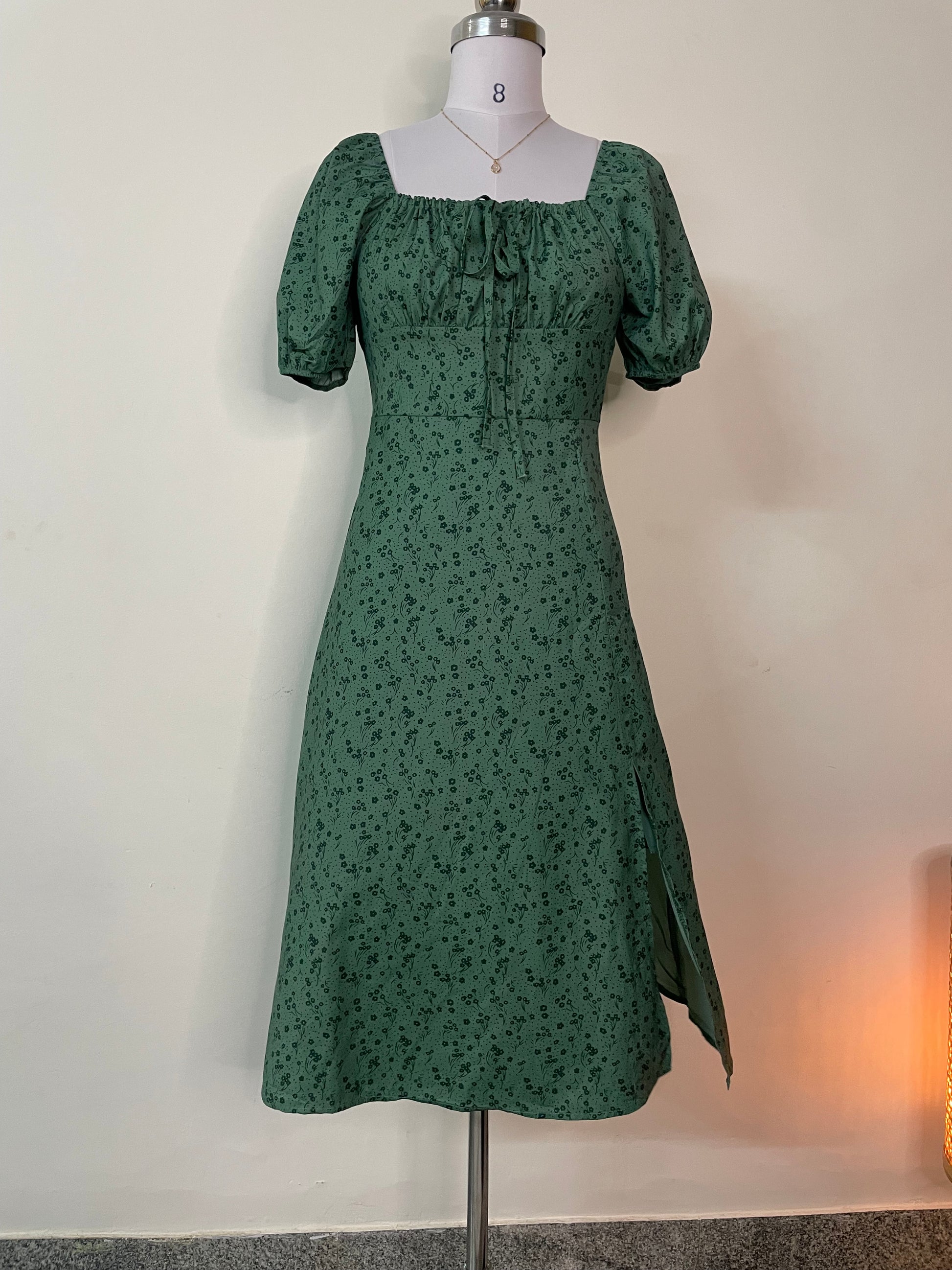 Green Floral Puff Sleeve Midi Dress with Lace-Up Front