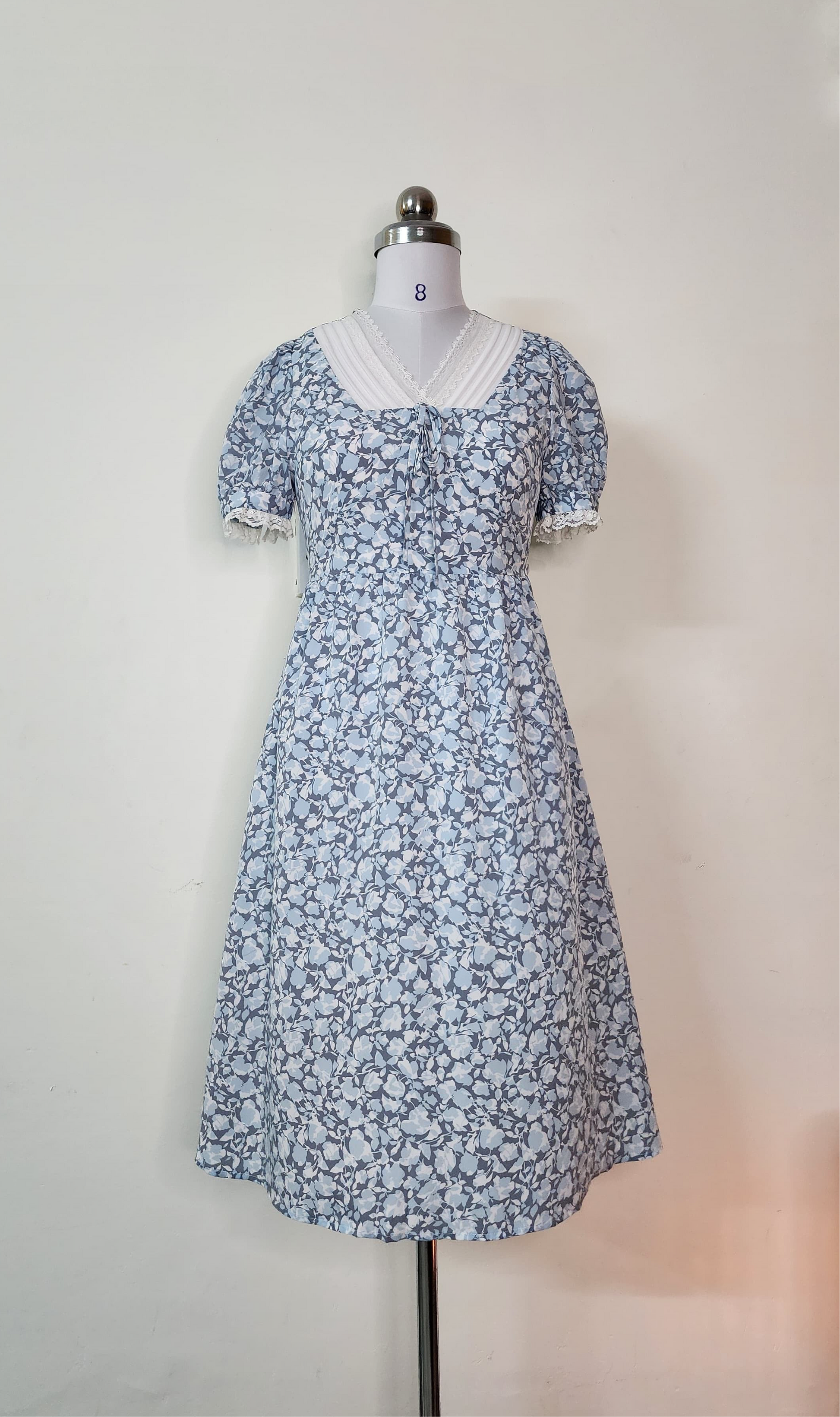 Blue Floral Dress with White Sailor Collar and Lace Trim