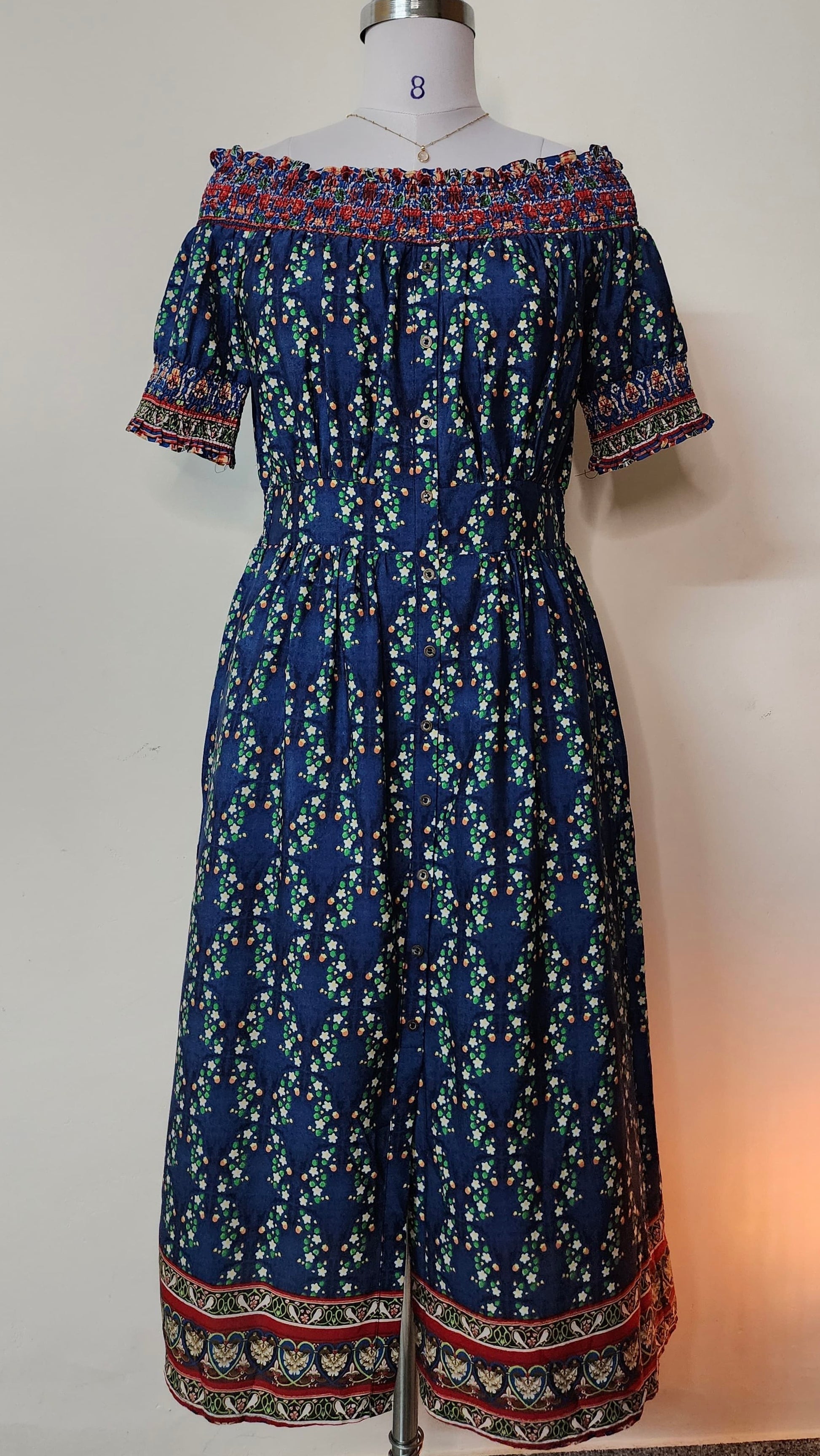 Navy Floral Off-Shoulder Midi Dress with Smocked Bodice and Border Print