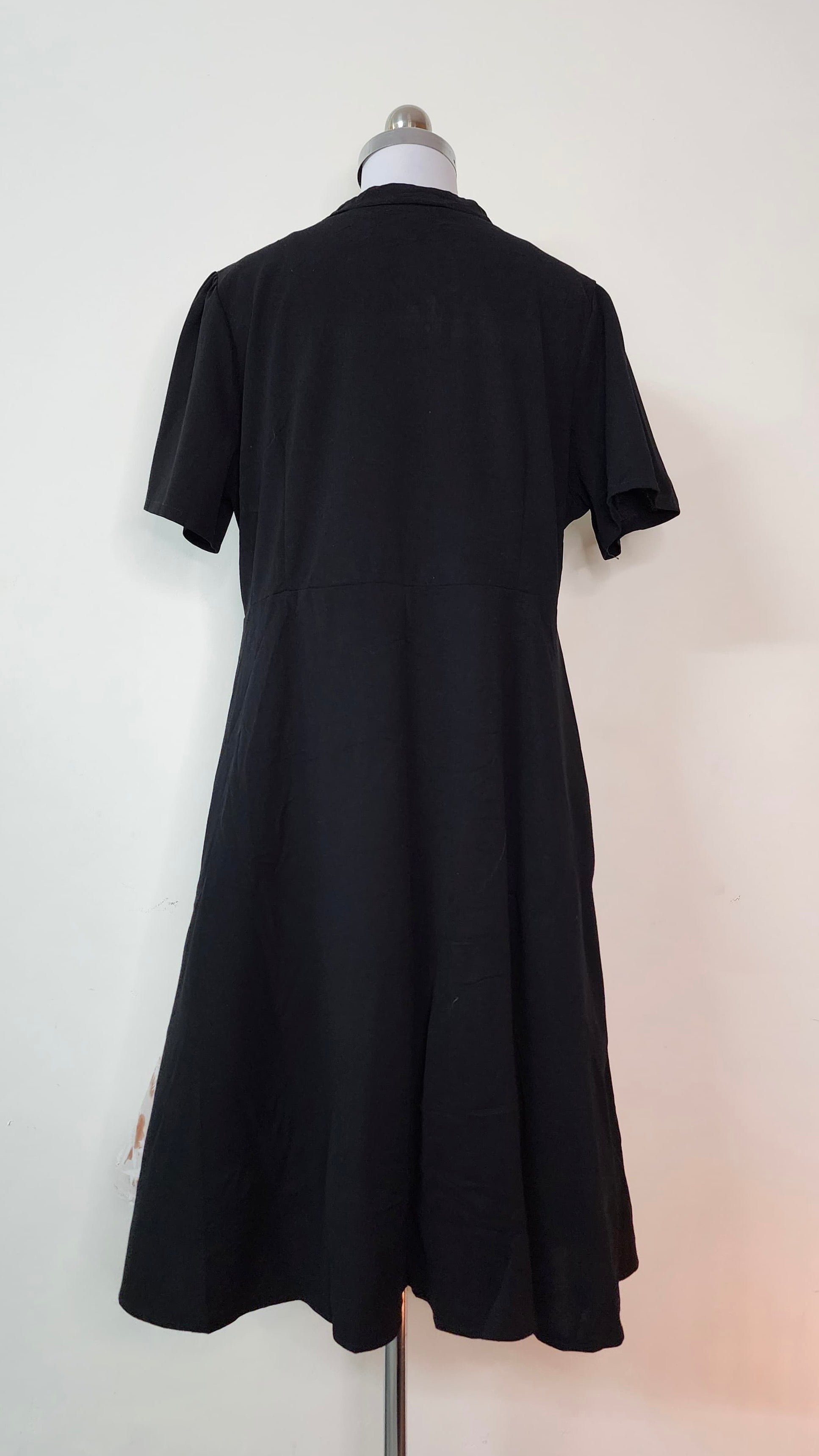 Black Midi Dress with Floral Side Panels and Mandarin Collar