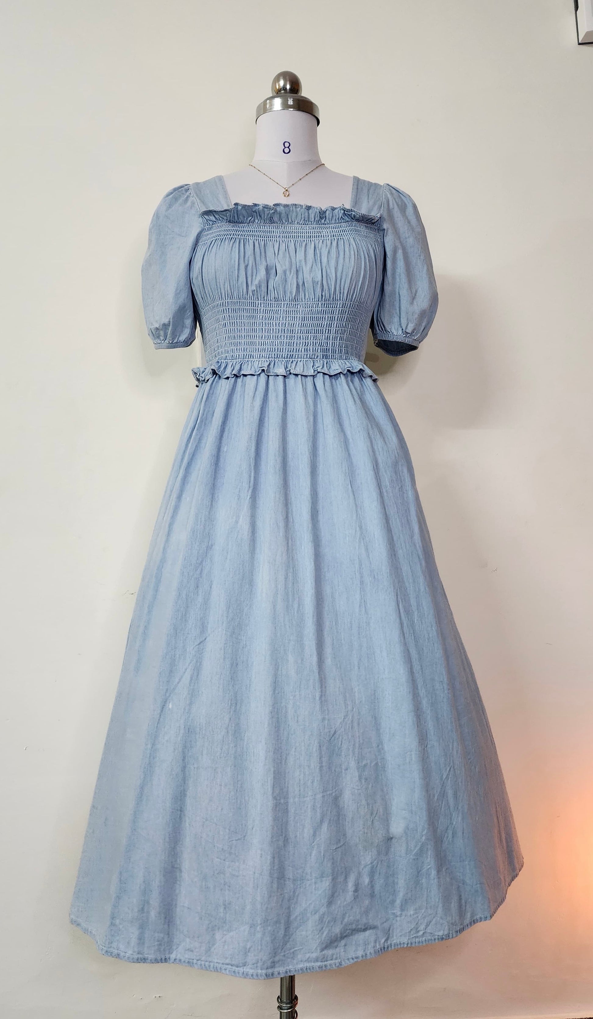 Light Blue Denim Smocked Maxi Dress