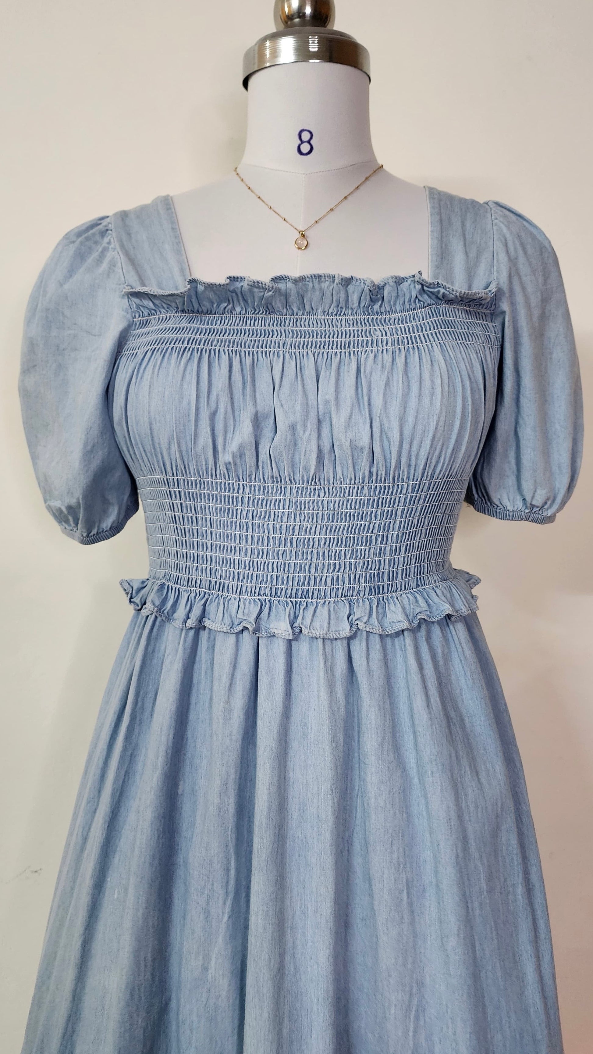 Light Blue Denim Smocked Maxi Dress