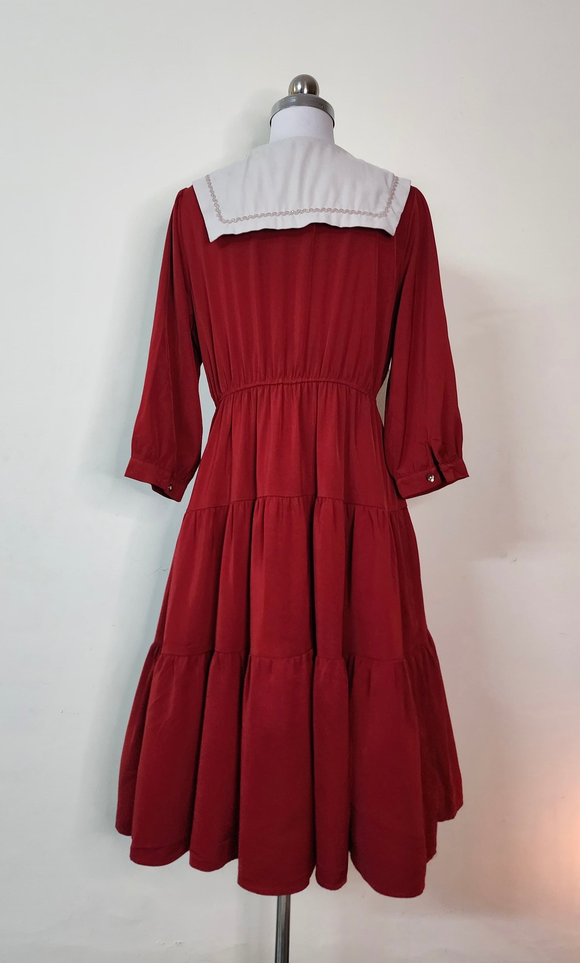 Red Tiered Prairie Dress with White Contrast Collar and Bow Tie