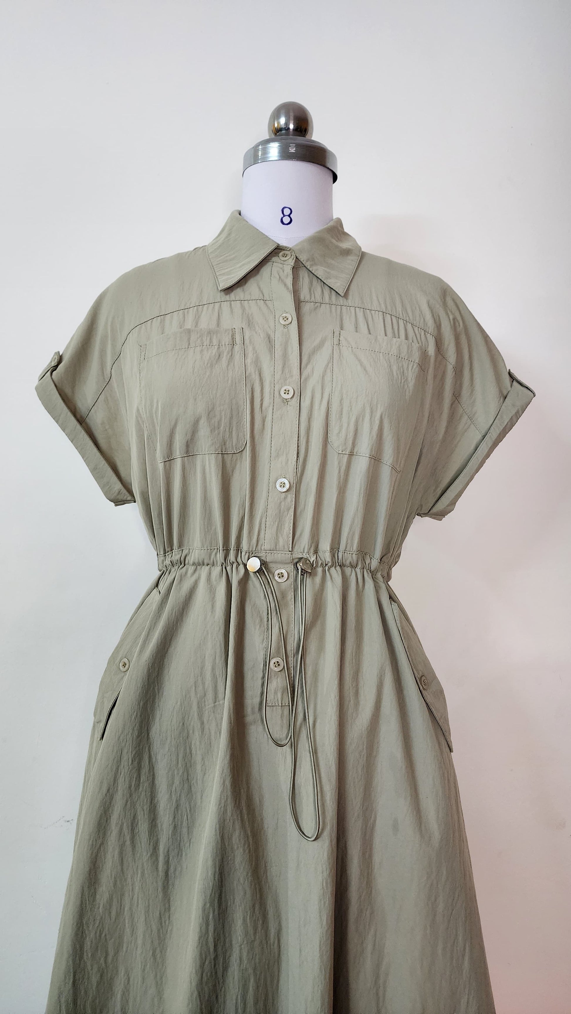 Sage Green Linen Utility Midi Shirt Dress with Drawstring Waist
