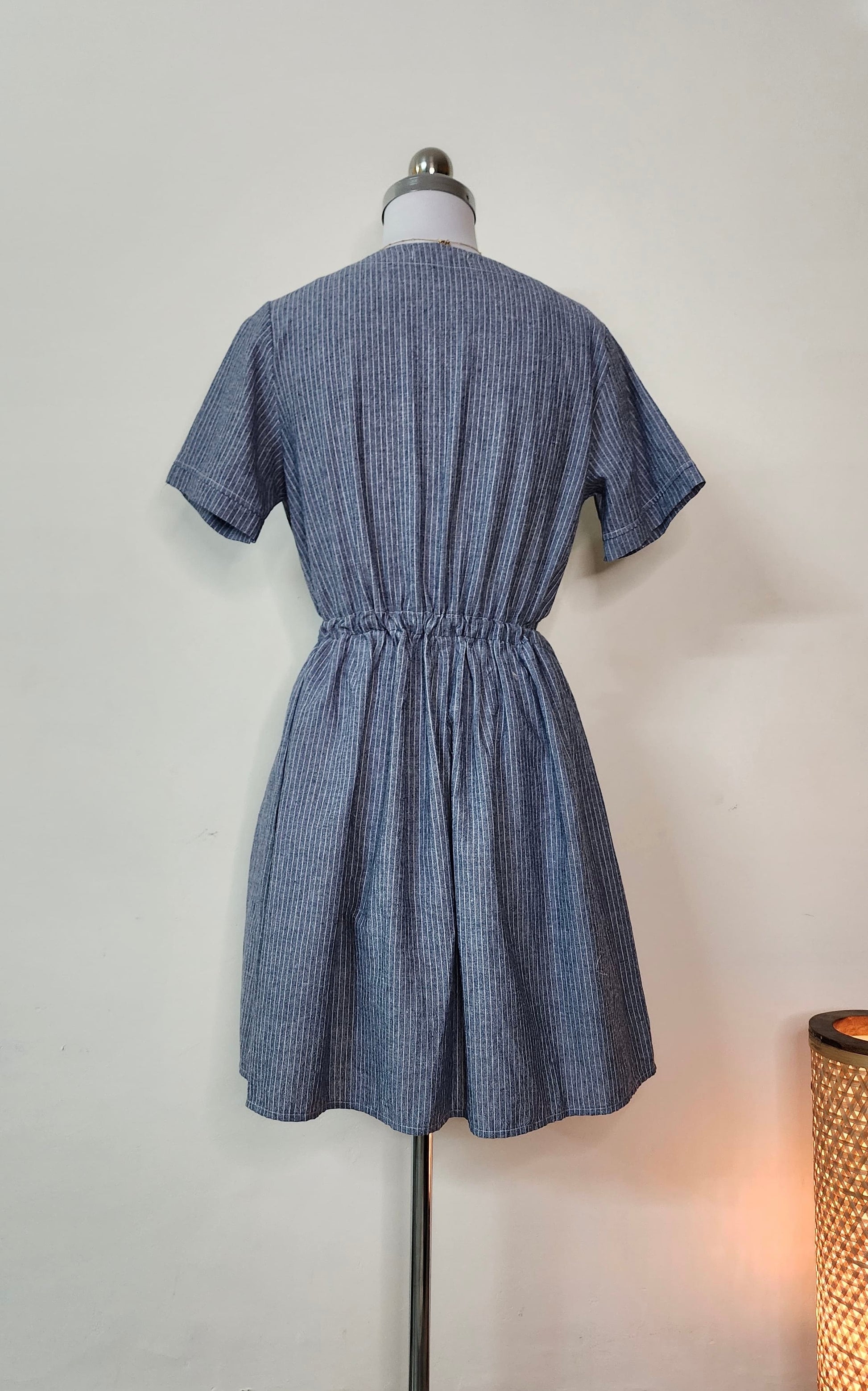 Vintage-Style Pinstripe Embroidered Floral Shirt Dress with Belt