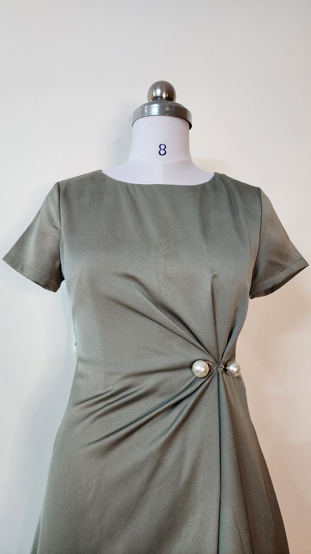 Olive Green Side-Drape Midi Dress