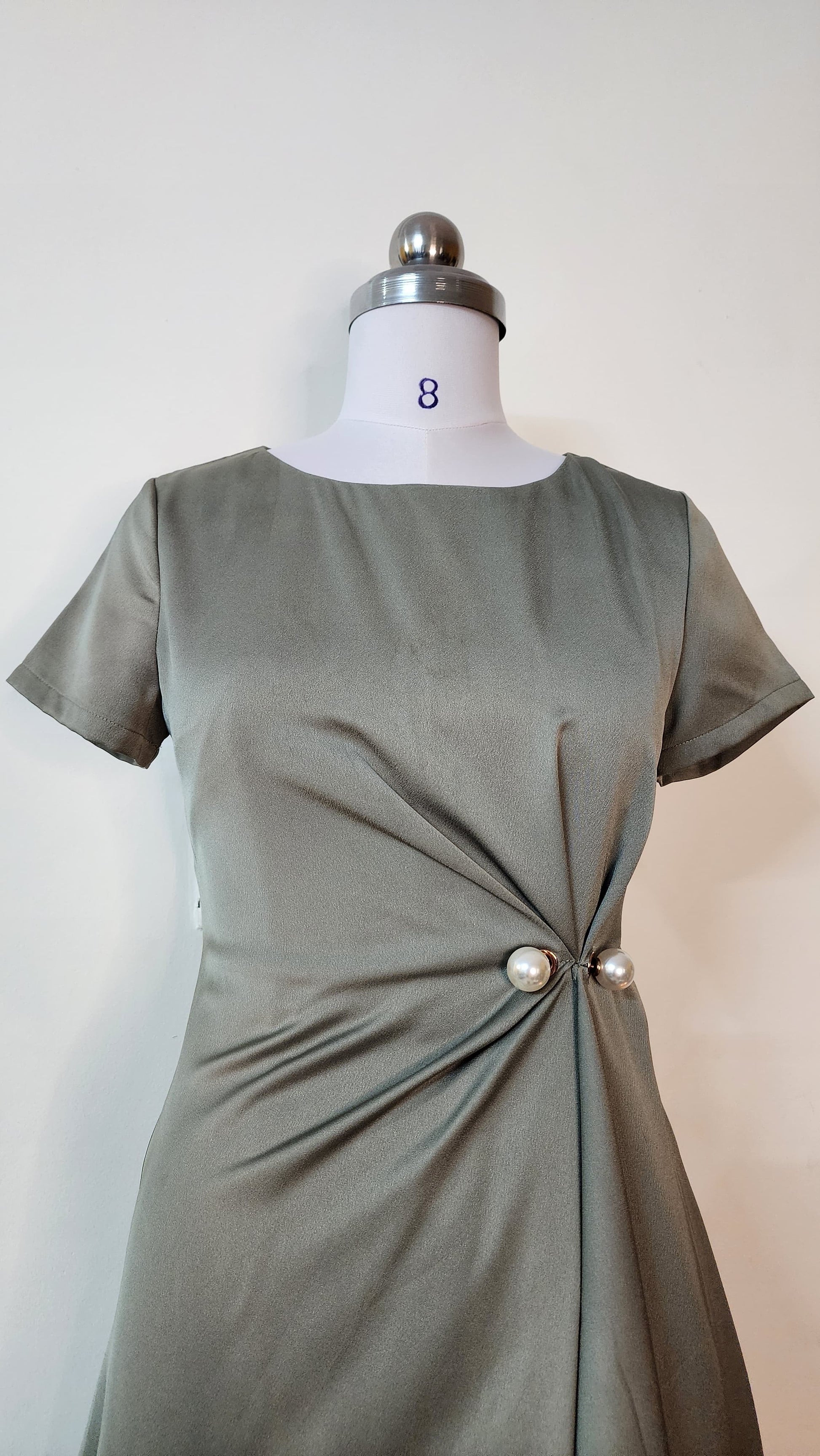 Olive Green Side-Drape Midi Dress