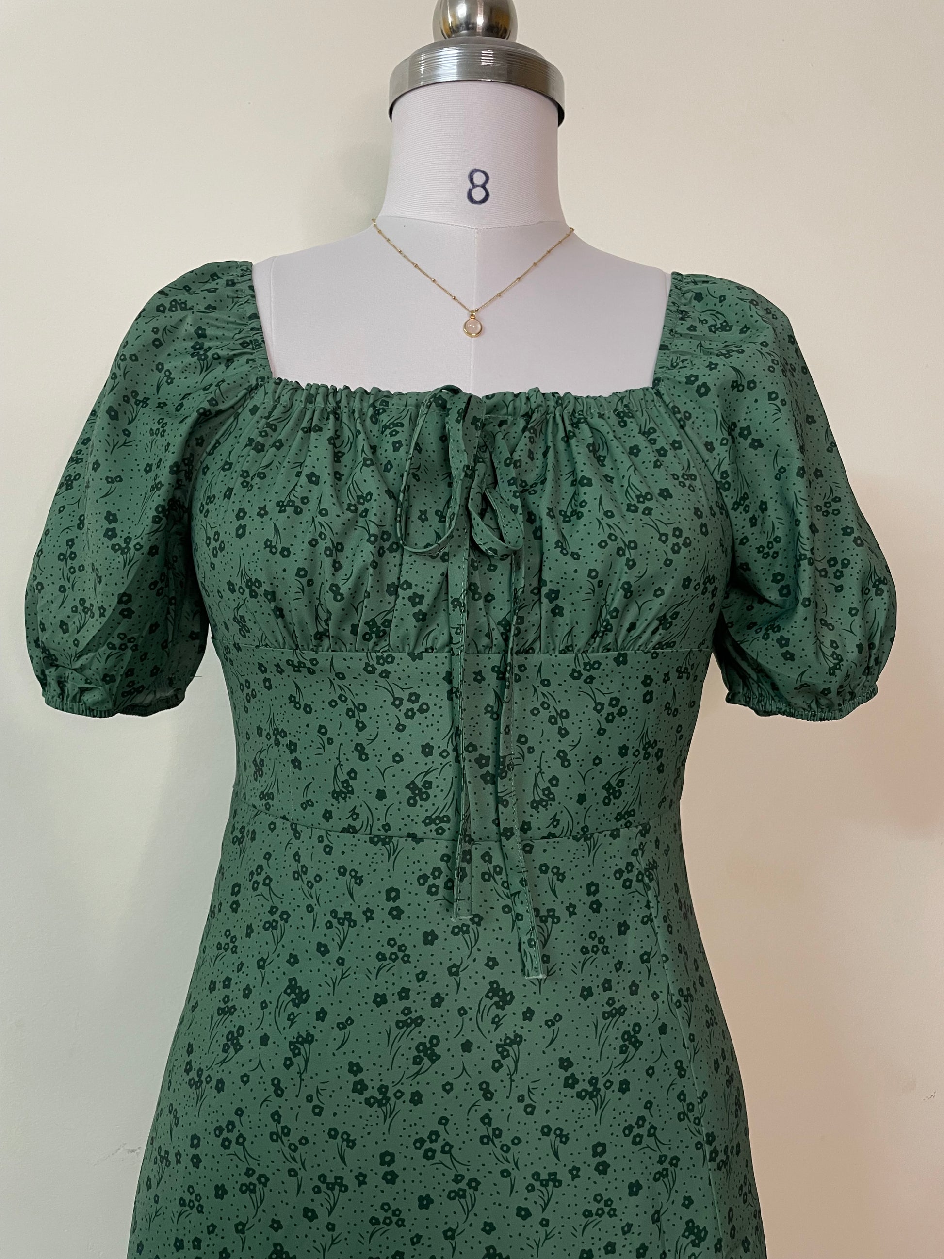 Green Floral Puff Sleeve Midi Dress with Lace-Up Front