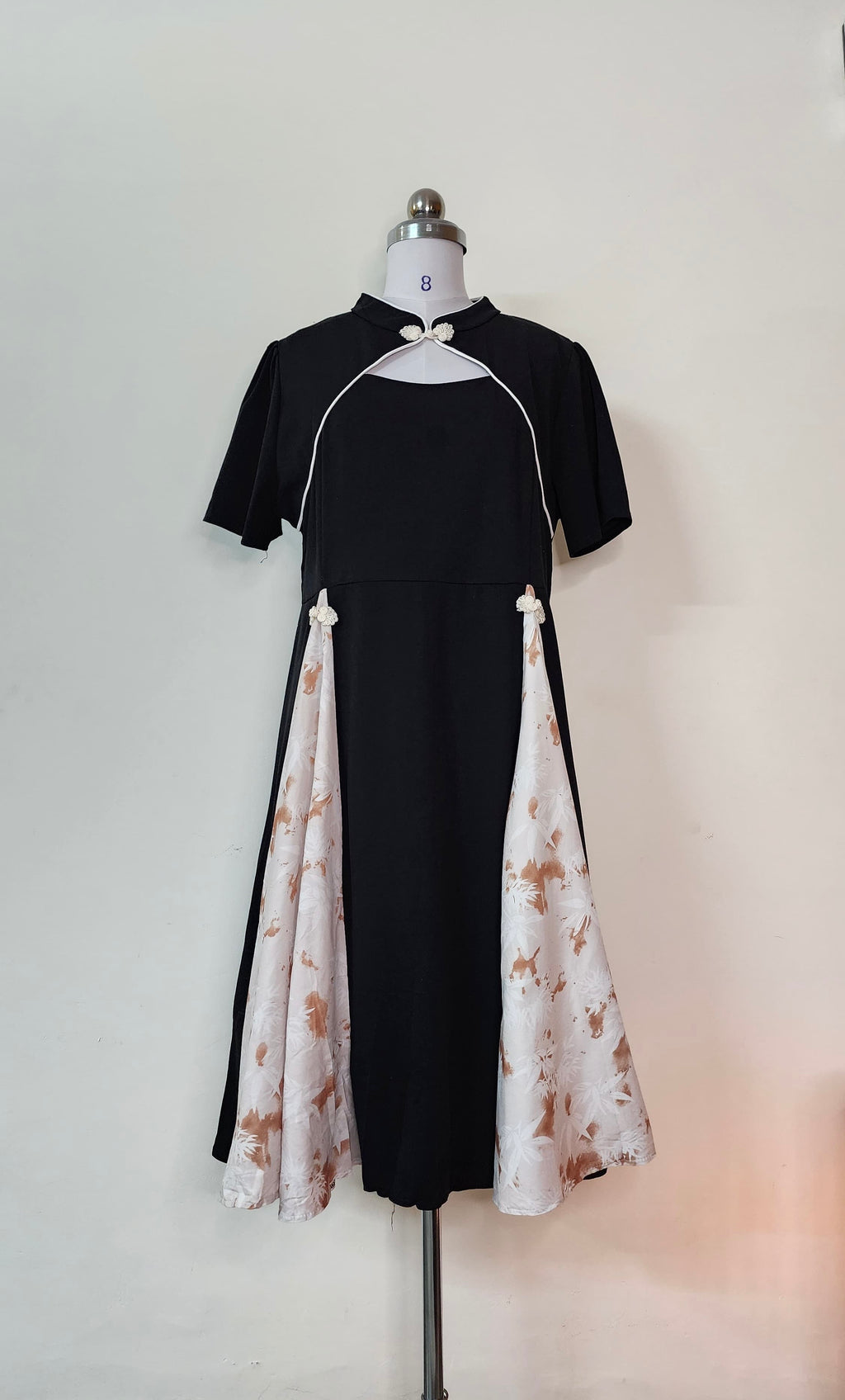 Black Midi Dress with Floral Side Panels and Mandarin Collar