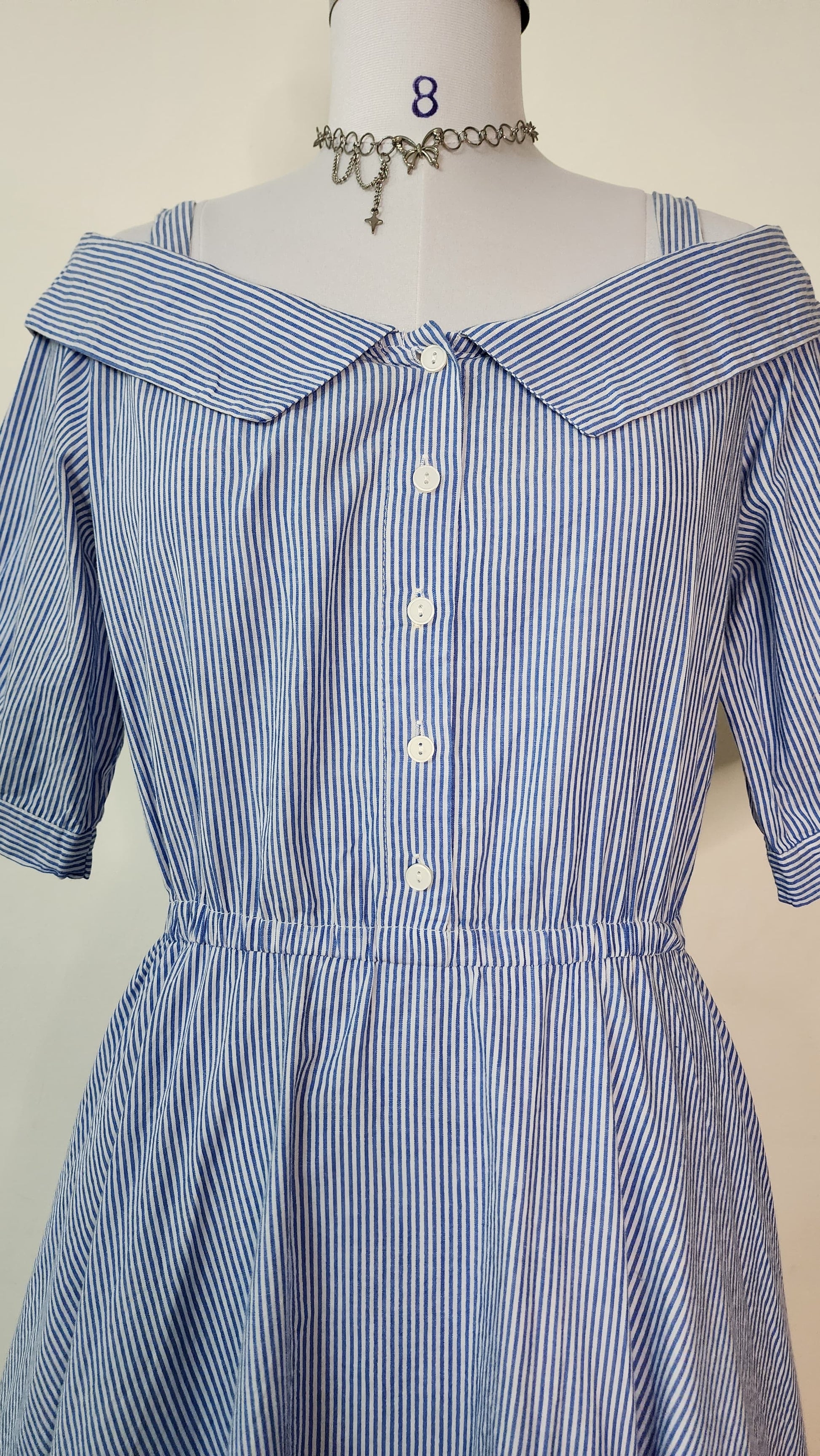 Blue Striped Off-Shoulder Shirt Dress