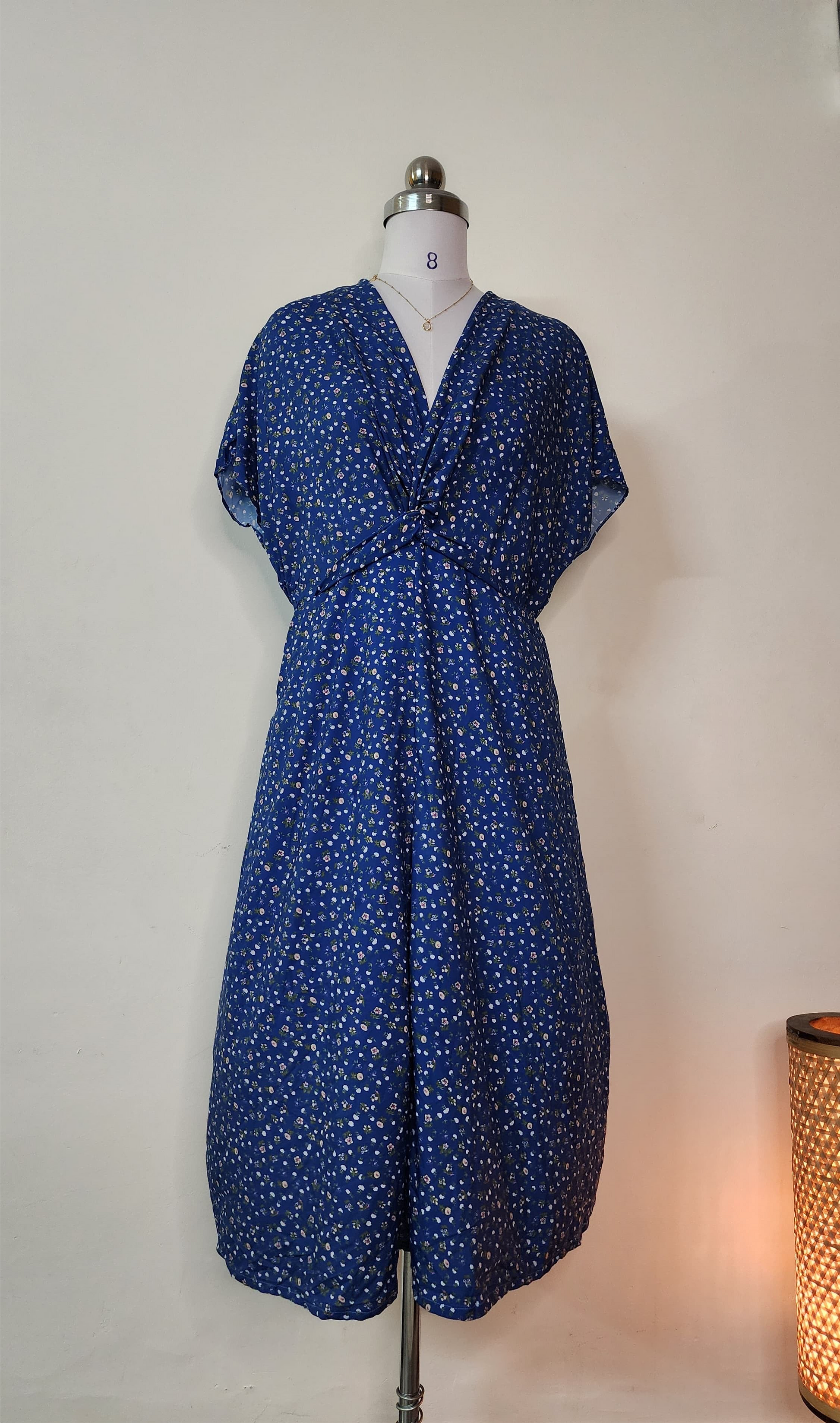 Navy Blue Ditsy Floral Wrap Midi Dress
