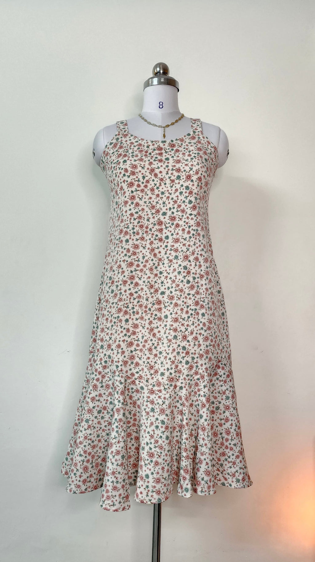 Cream Ditsy Floral Sleeveless Midi Dress with Ruffle Hem
