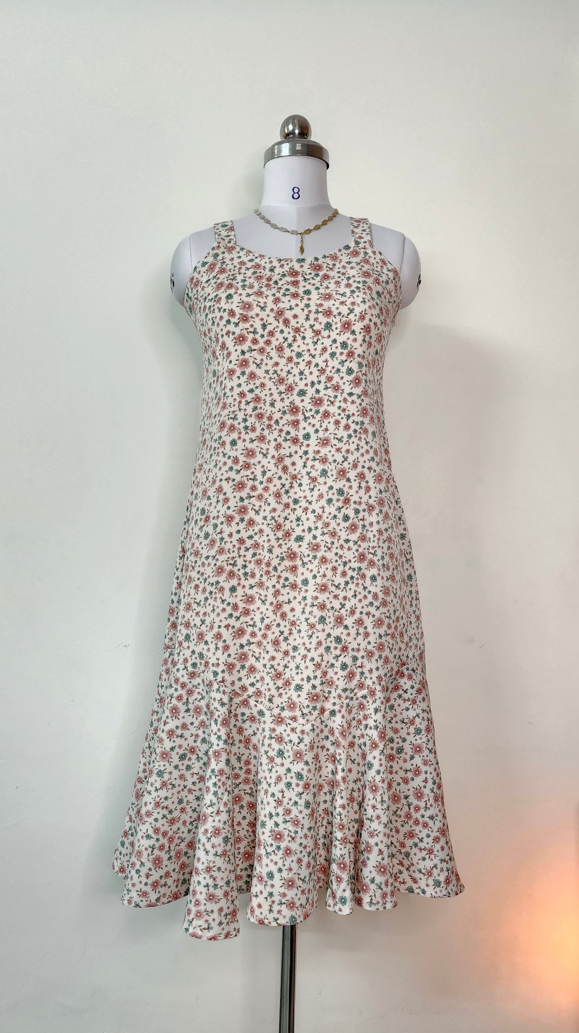Cream Ditsy Floral Sleeveless Midi Dress with Ruffle Hem