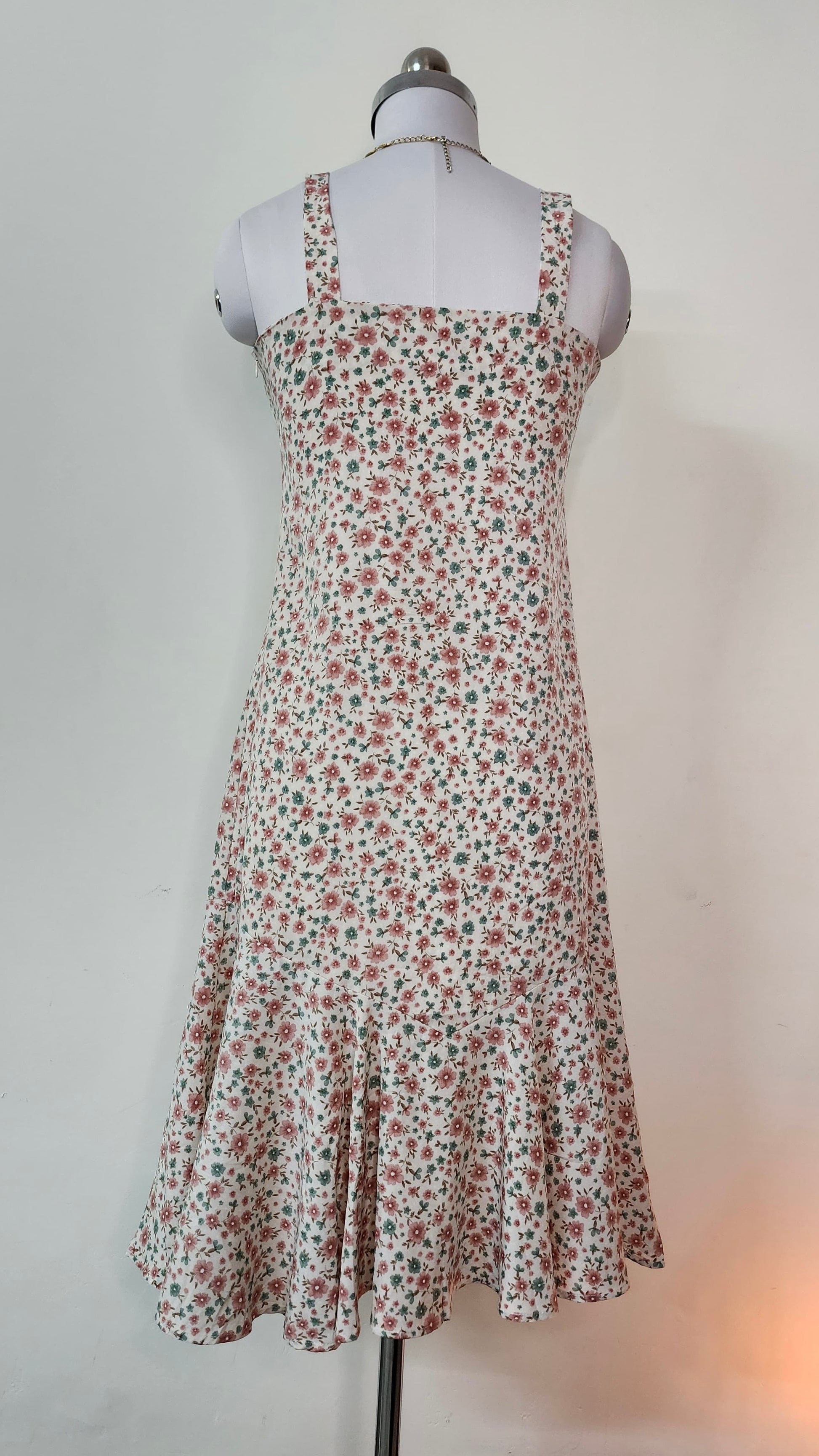 Cream Ditsy Floral Sleeveless Midi Dress with Ruffle Hem