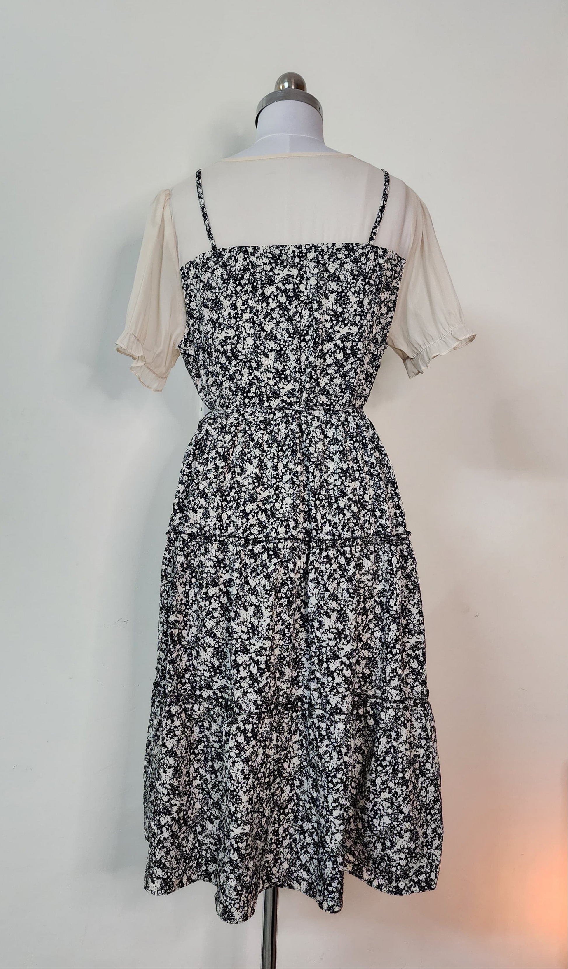 Black Floral Lace Trim Midi Dress