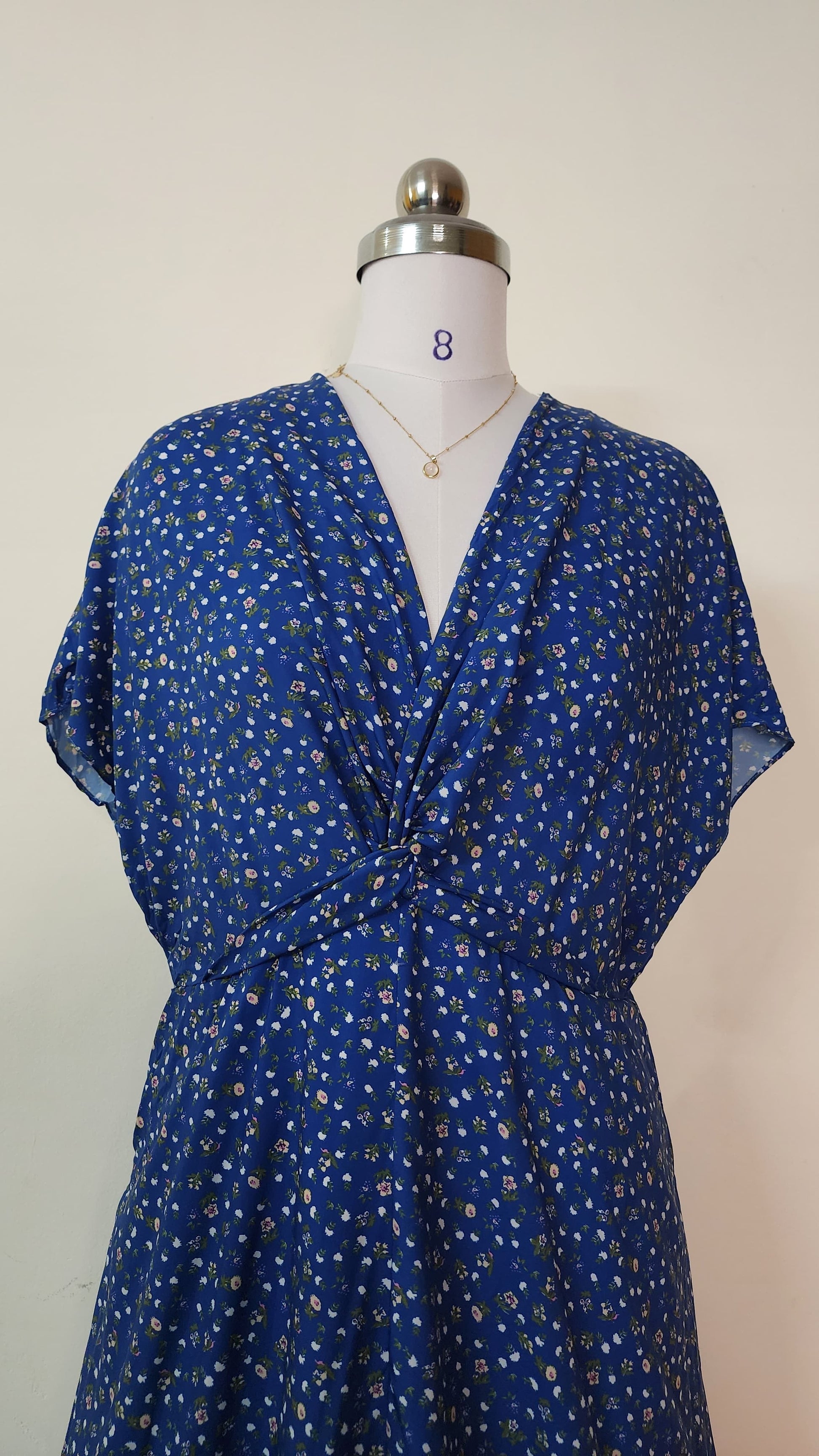 Navy Blue Ditsy Floral Wrap Midi Dress
