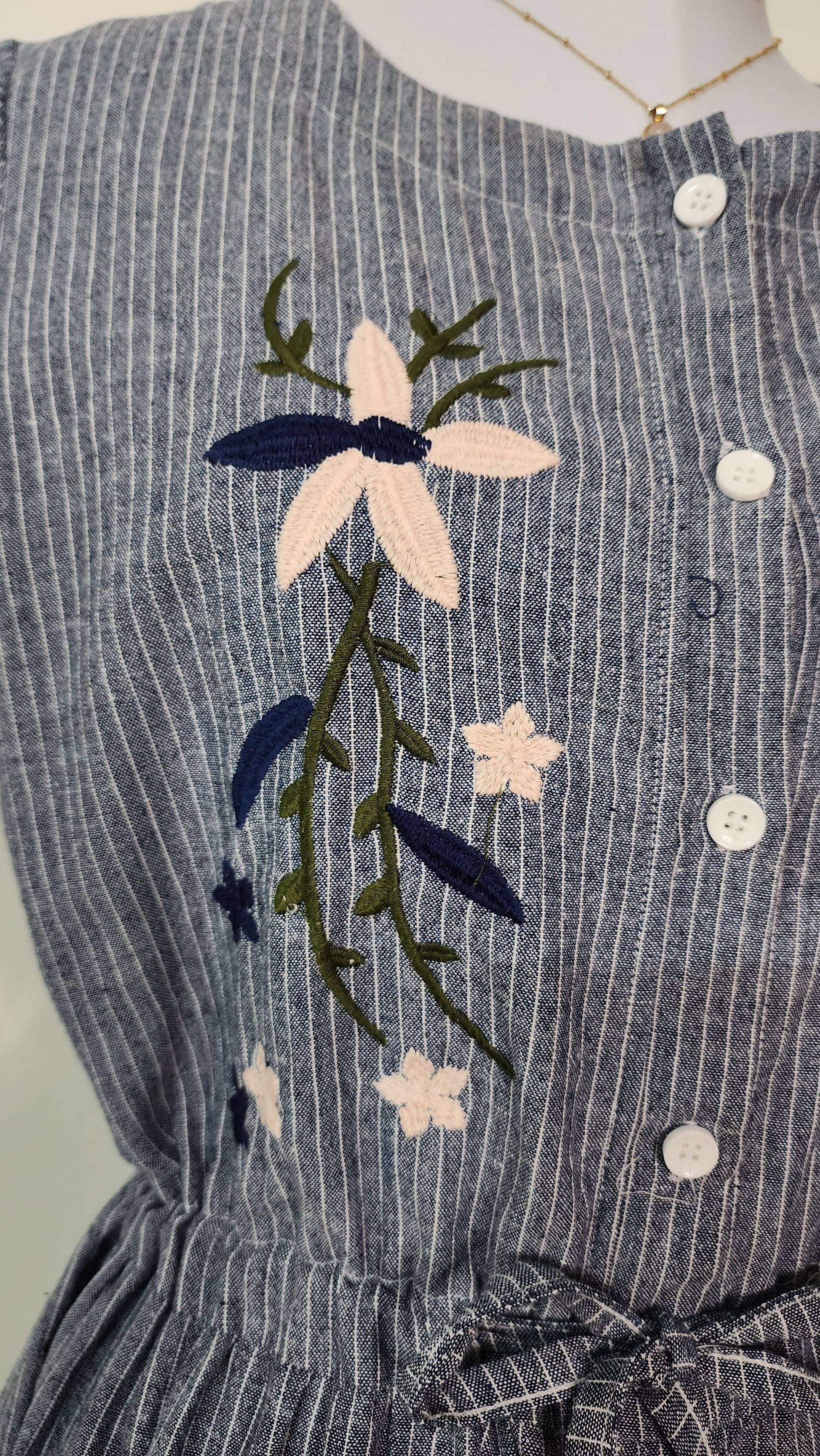 Vintage-Style Pinstripe Embroidered Floral Shirt Dress with Belt