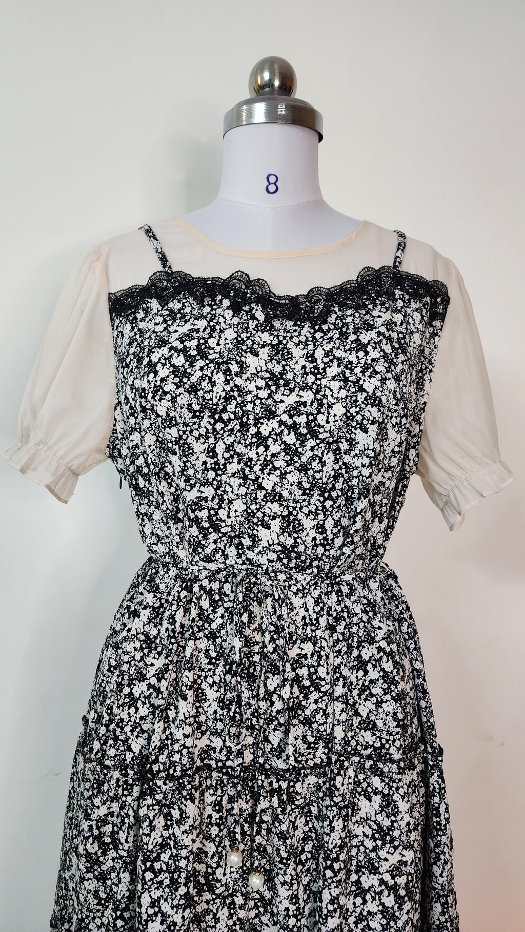 Black Floral Lace Trim Midi Dress