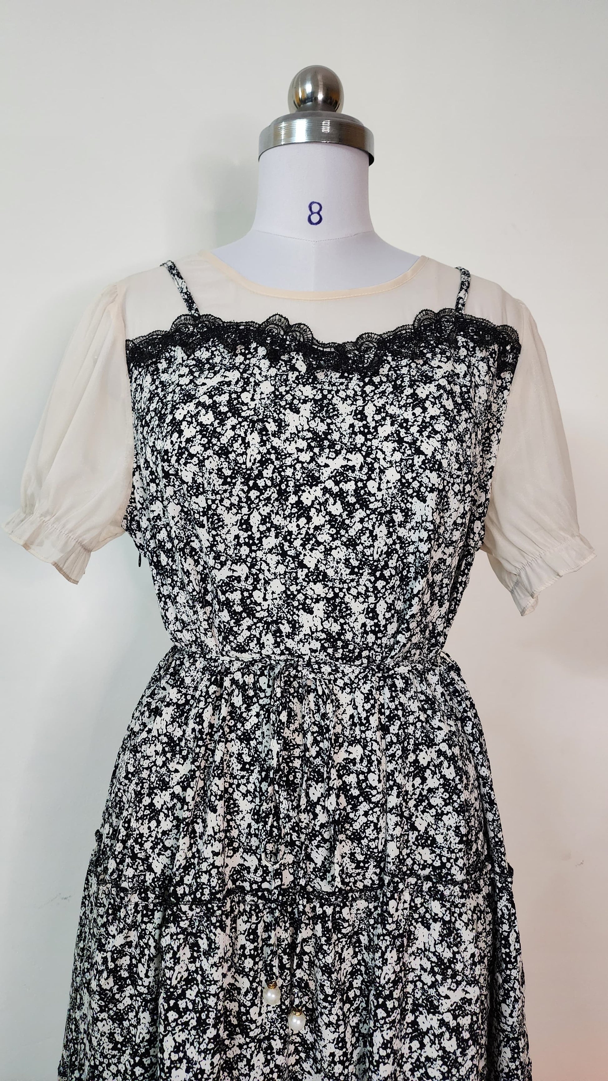 Black Floral Lace Trim Midi Dress