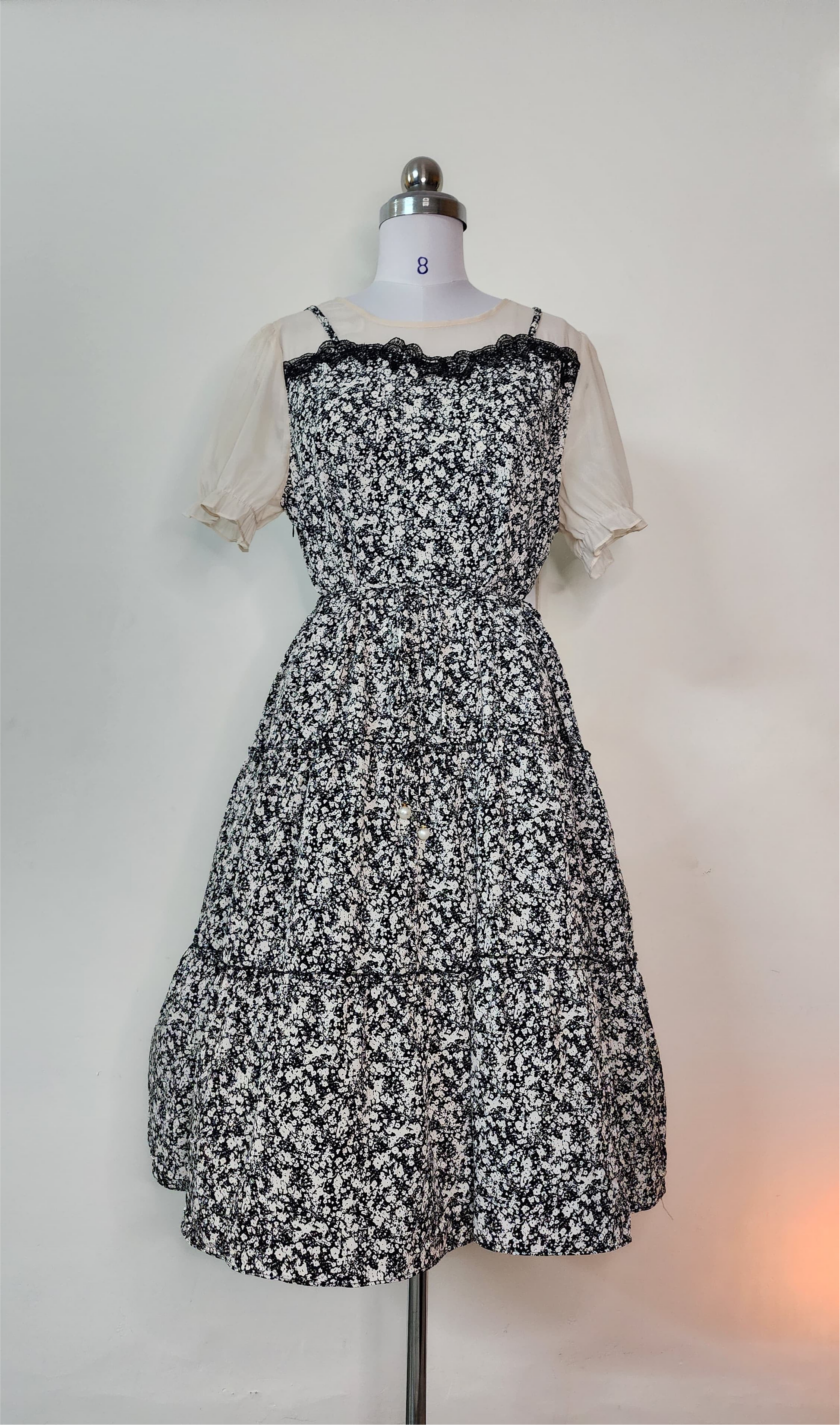Black Floral Lace Trim Midi Dress