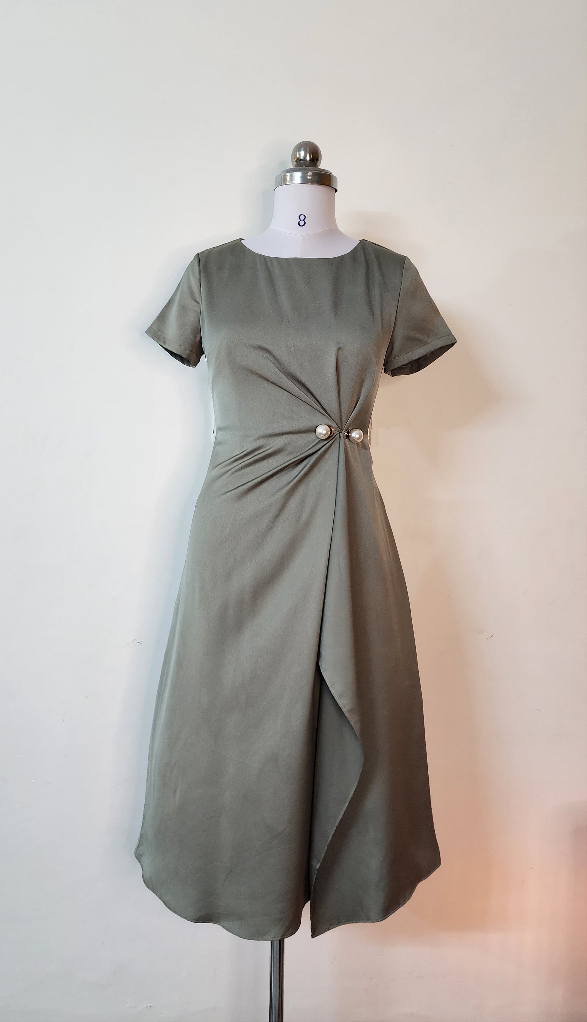 Olive Green Side-Drape Midi Dress