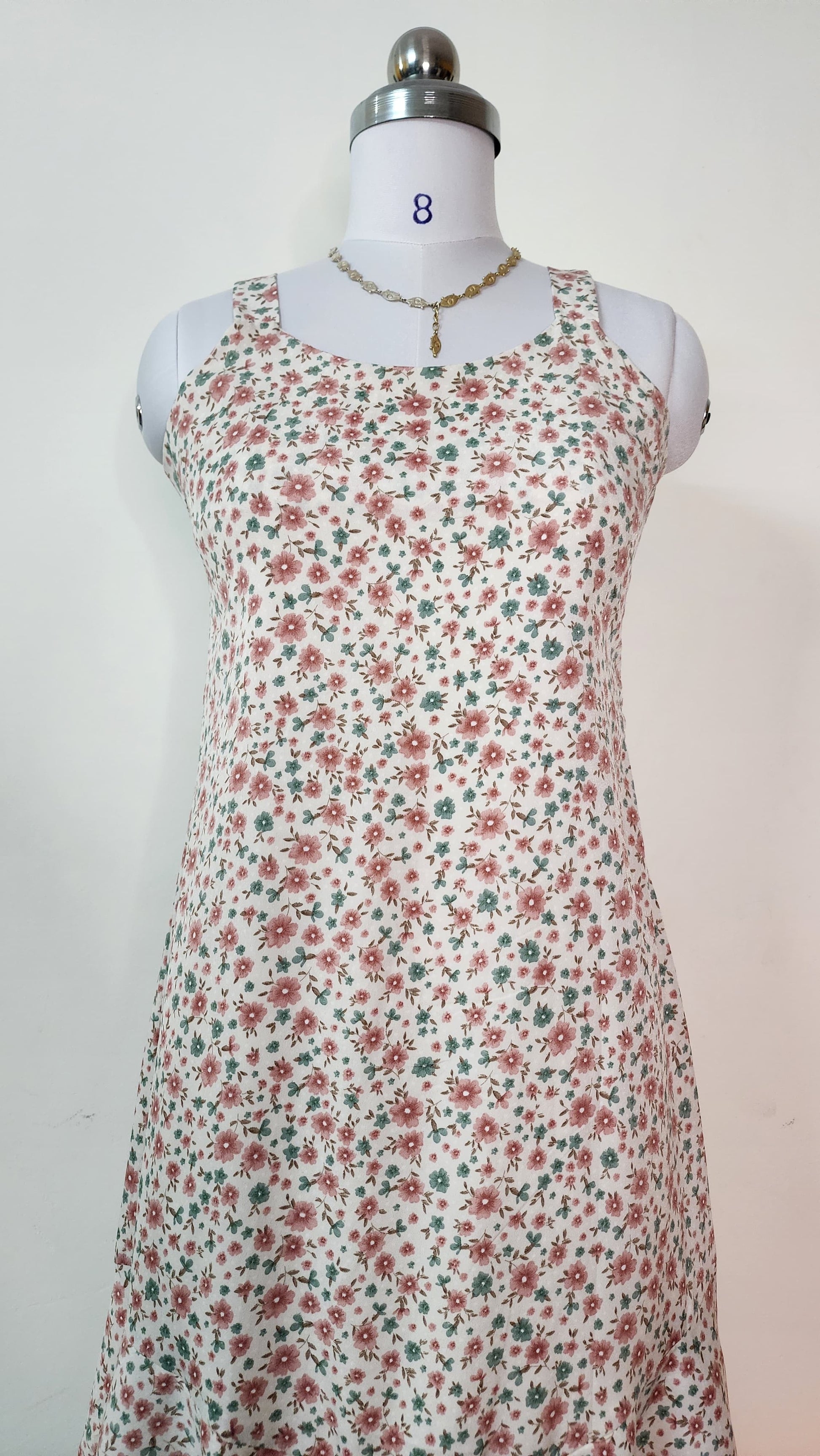 Cream Ditsy Floral Sleeveless Midi Dress with Ruffle Hem