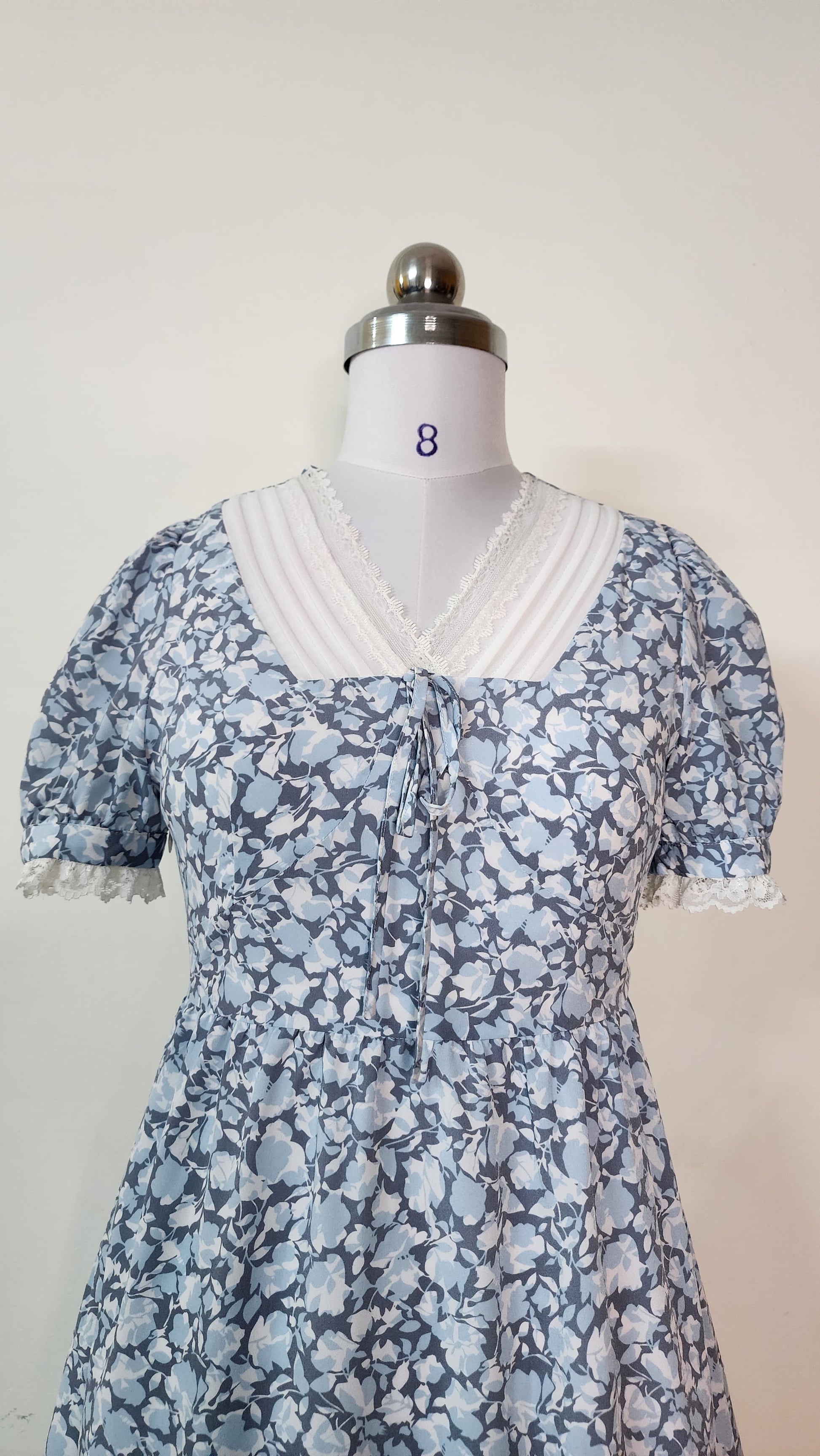 Blue Floral Dress with White Sailor Collar and Lace Trim