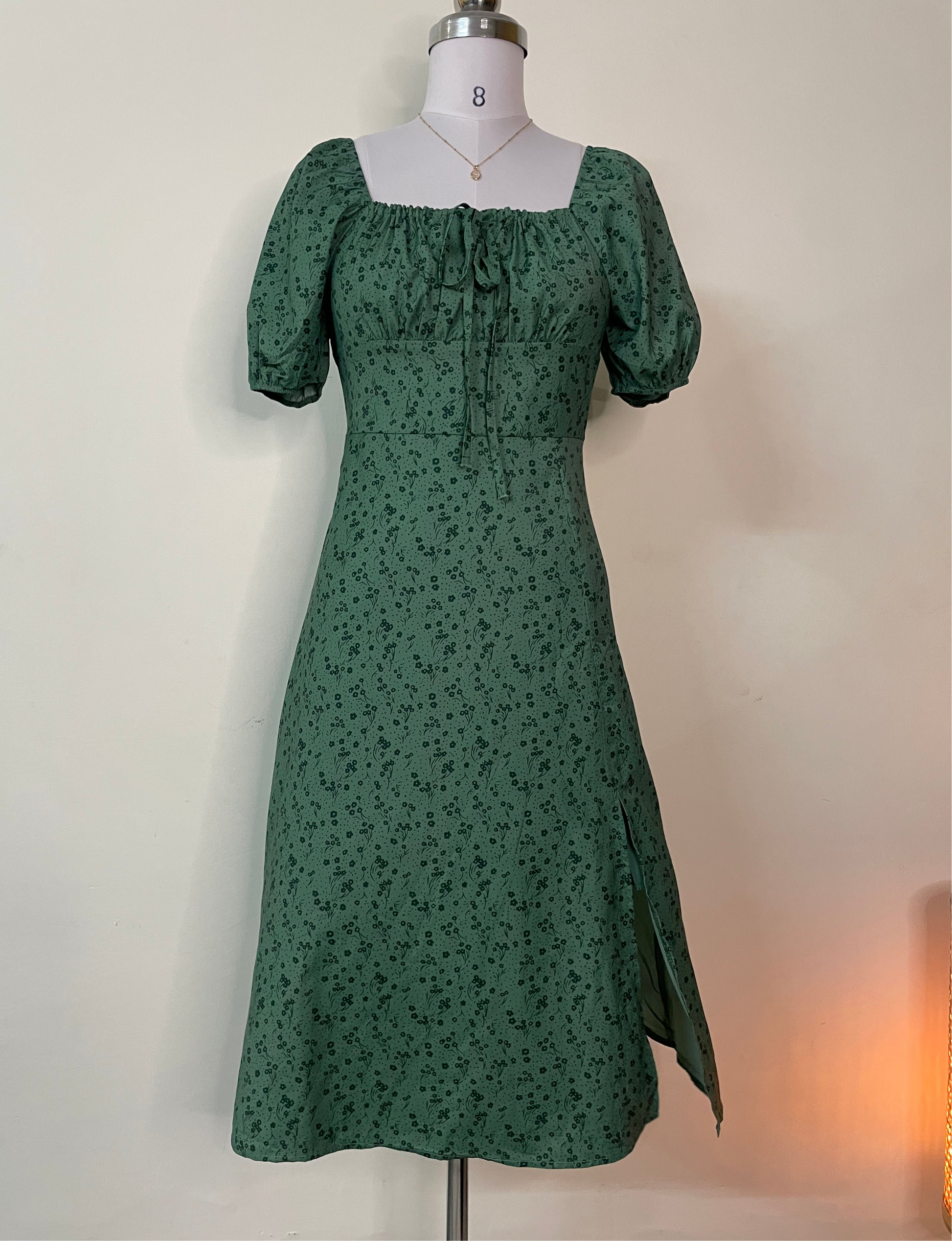 Green Floral Puff Sleeve Midi Dress with Lace-Up Front