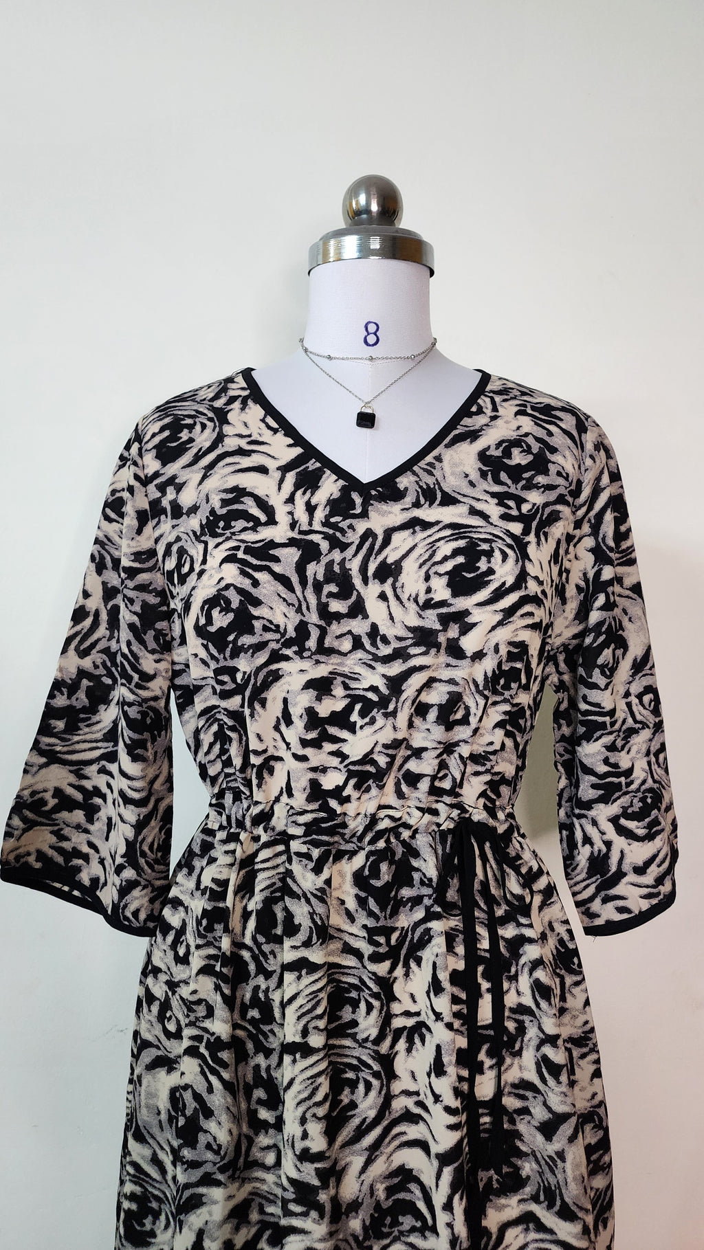 Abstract Floral V-Neck Midi Dress - 3/4 Sleeve with Tie Waist