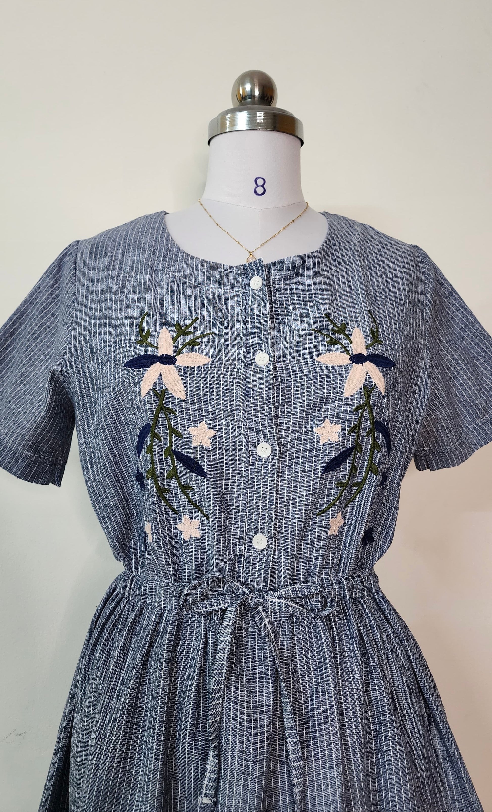 Vintage-Style Pinstripe Embroidered Floral Shirt Dress with Belt