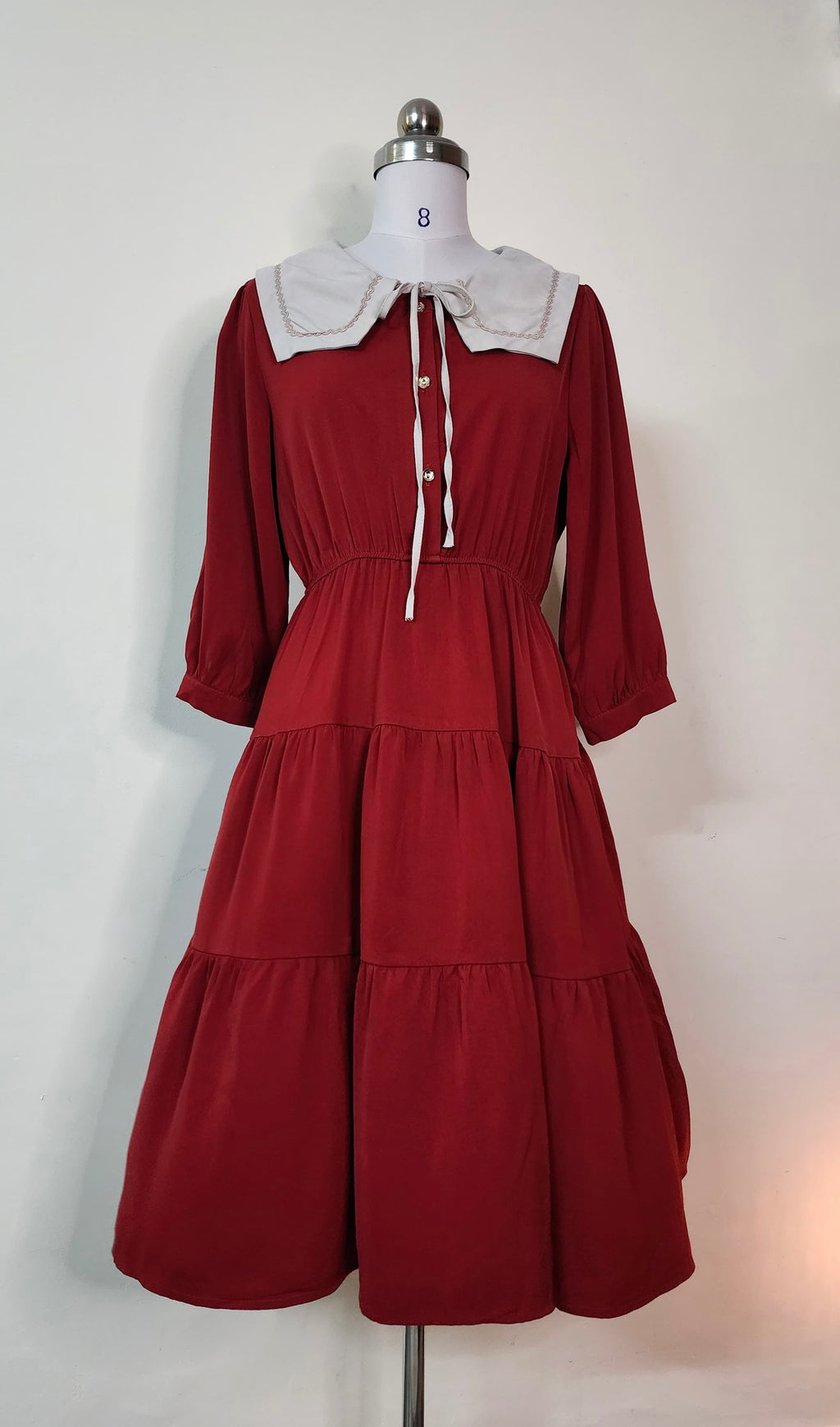 Red Tiered Prairie Dress with White Contrast Collar and Bow Tie