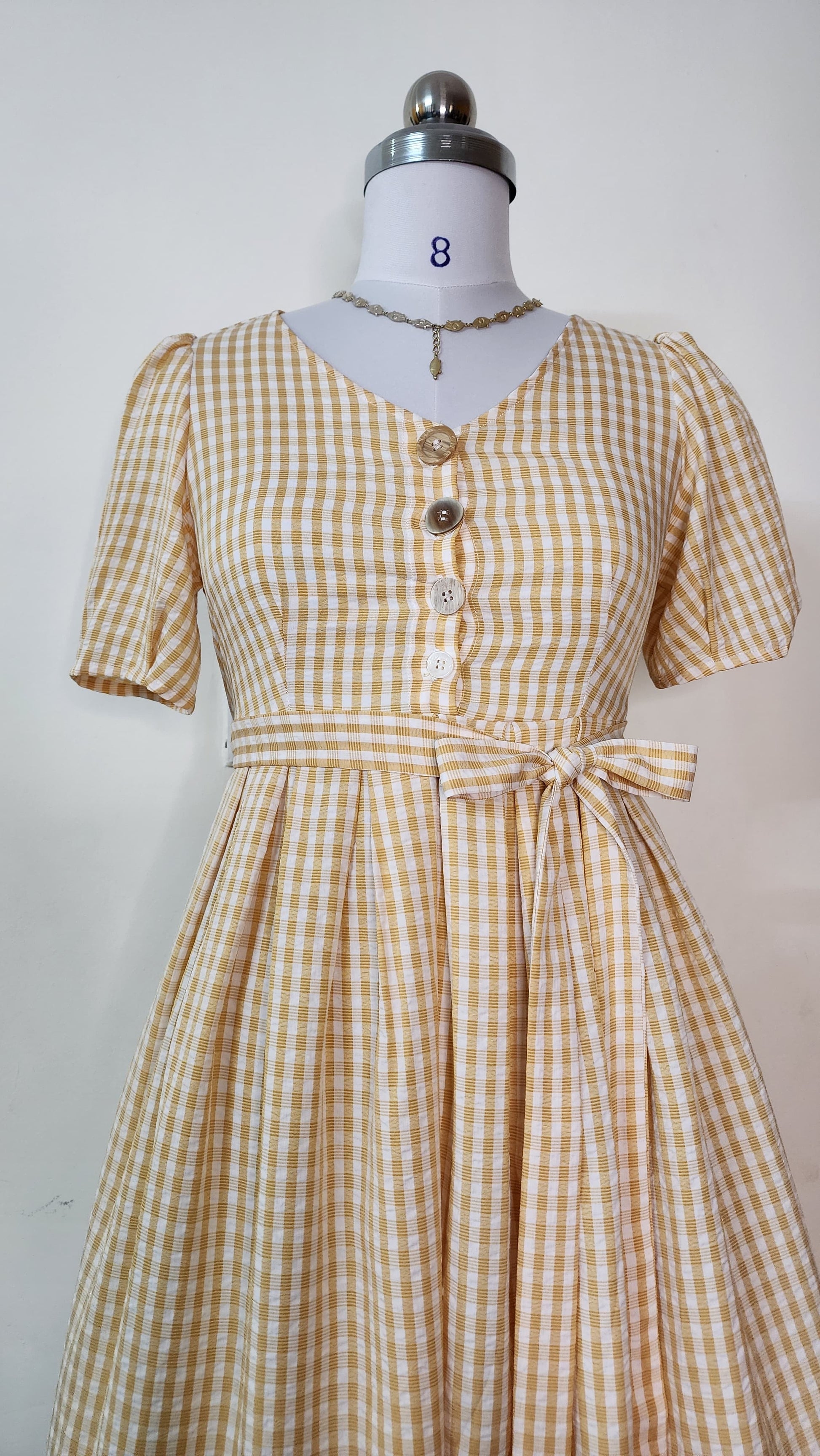 Tan Gingham Midi Dress with Puff Sleeves and Tie Belt