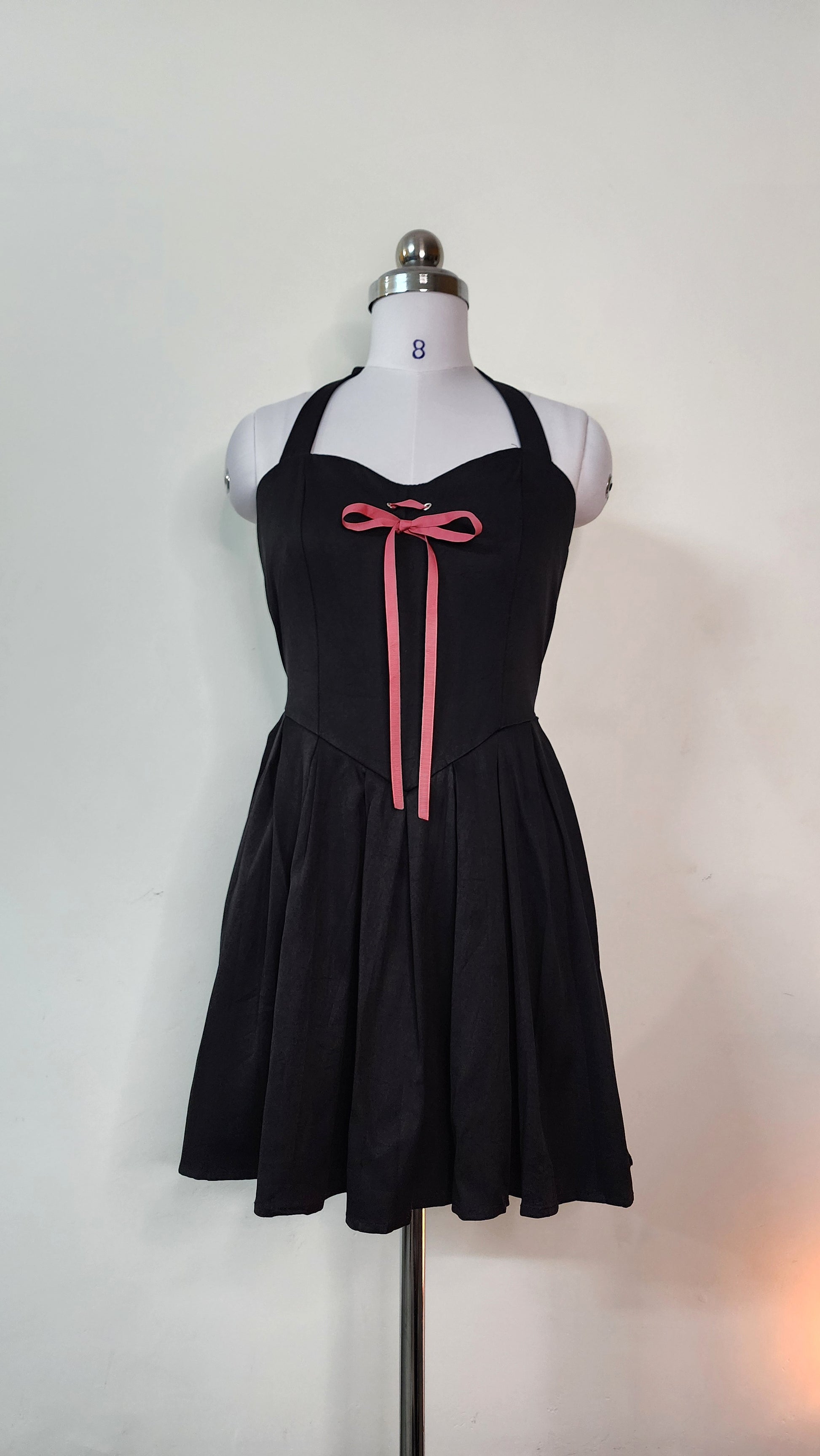 Black Halter Neck Mini Dress with Pink Ribbon Detail