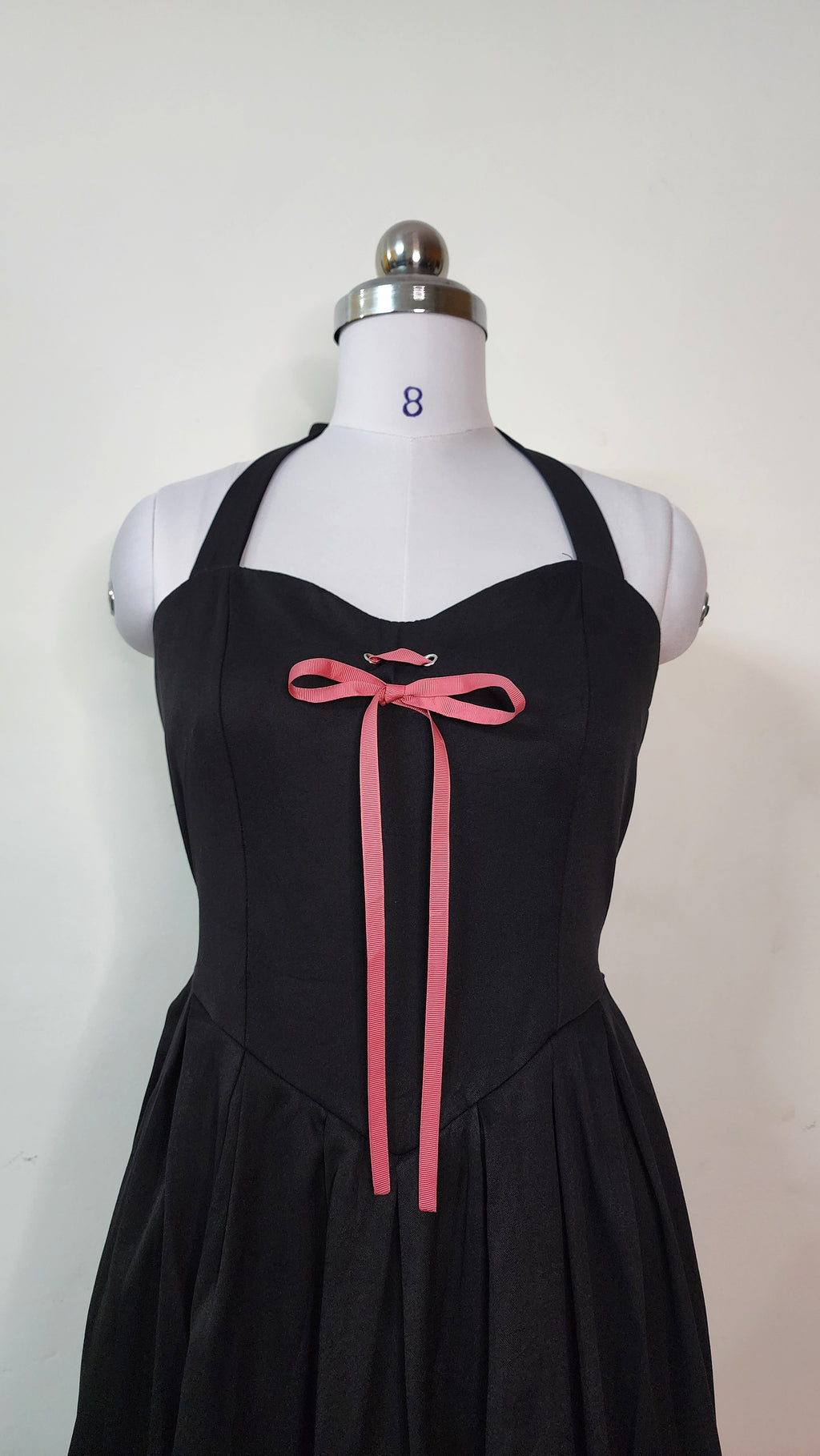 Black Halter Neck Mini Dress with Pink Ribbon Detail